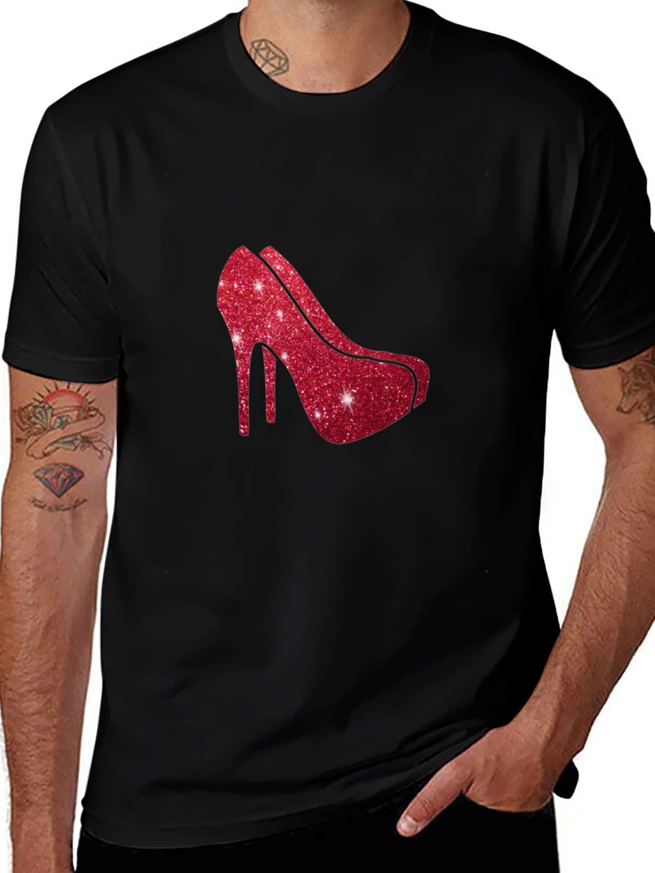 Red Glitter Heel Graphic Black Tee Shirt