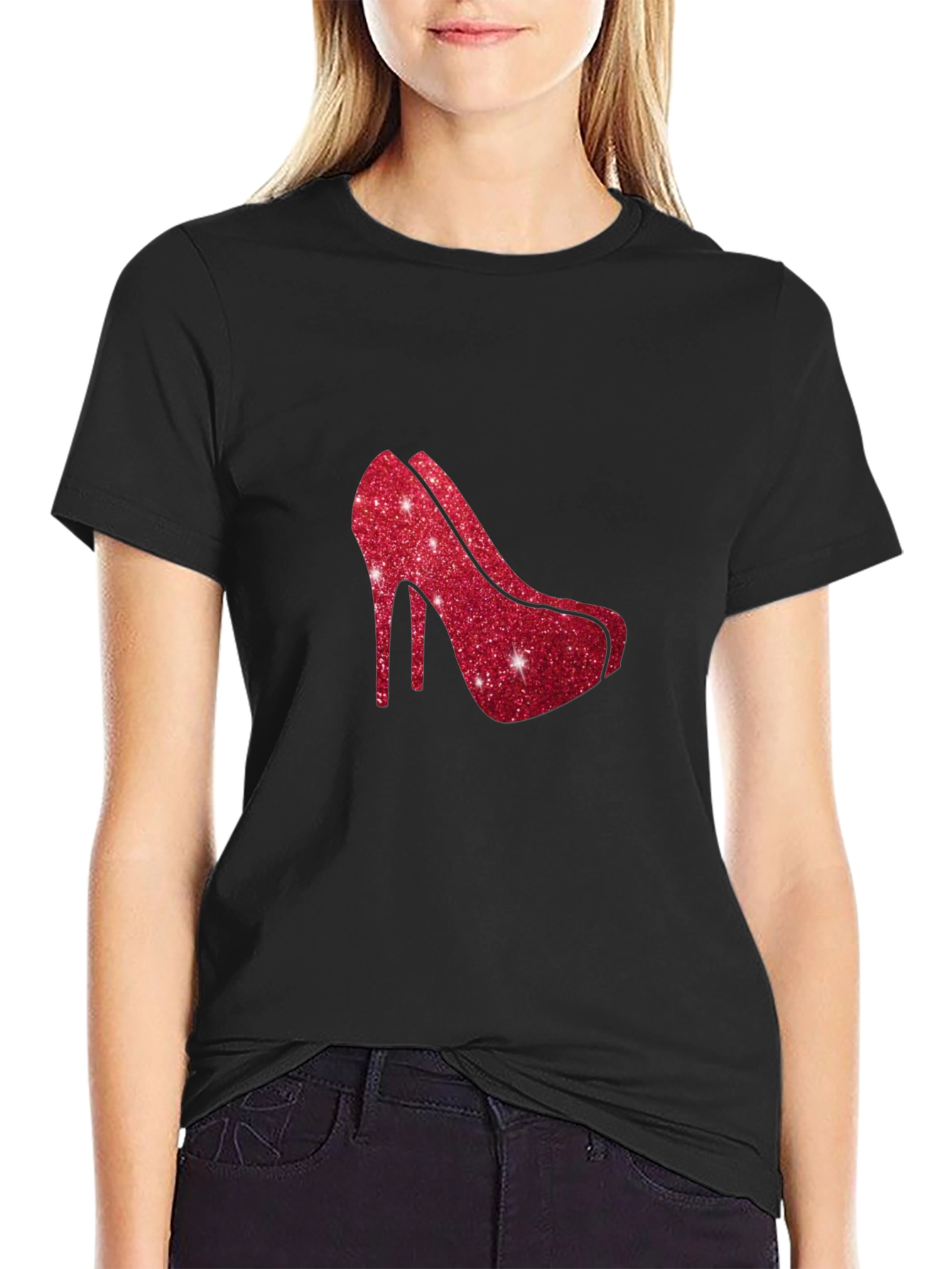 Red Glitter Heel Graphic Black Tee Shirt