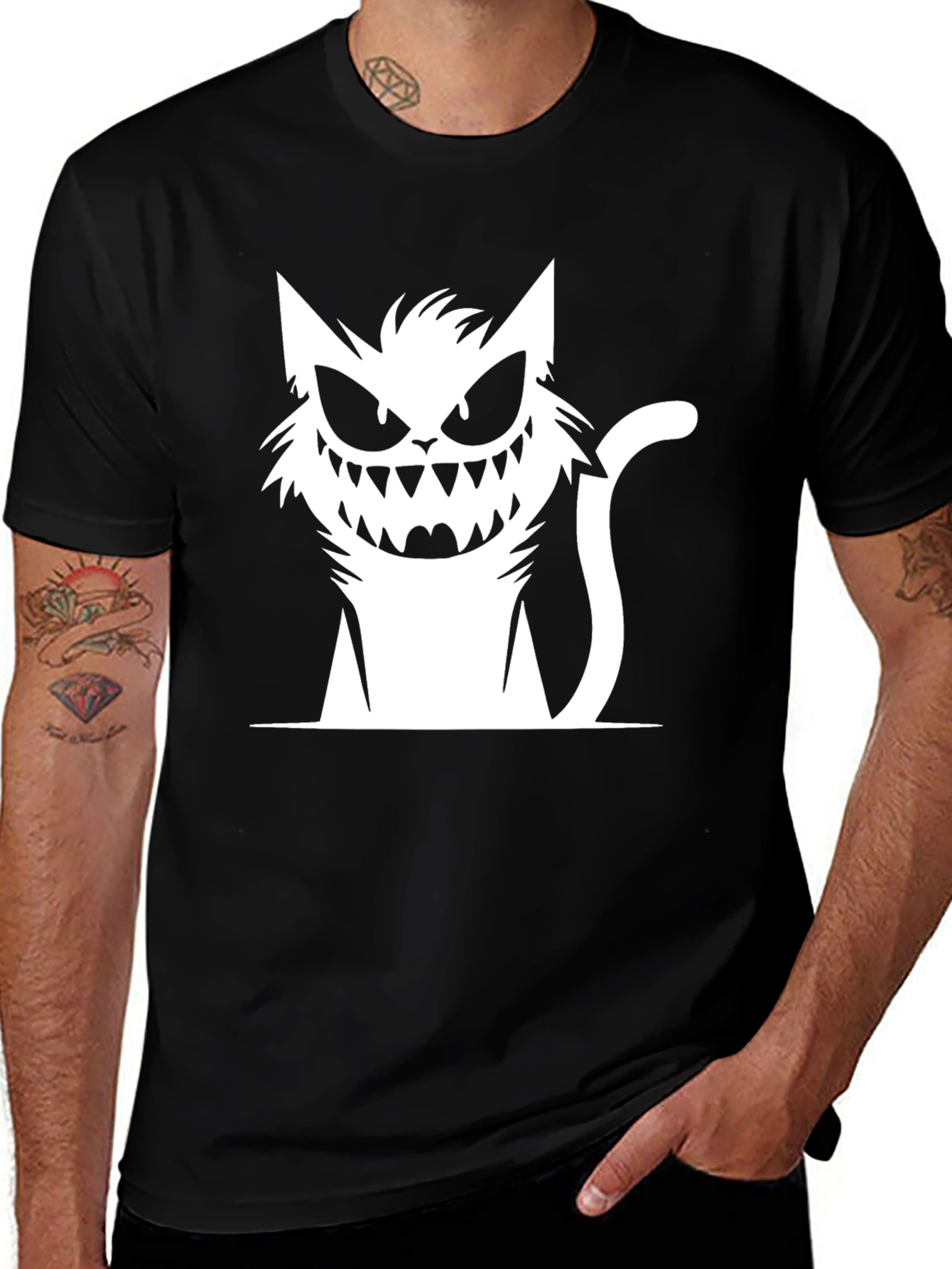 Creepy Cat Graphic Black T-Shirt