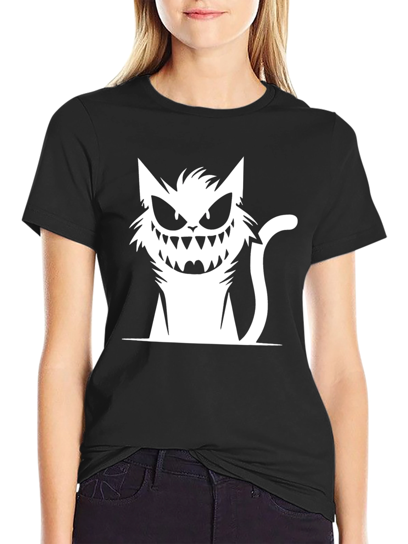 Creepy Cat Graphic Black T-Shirt