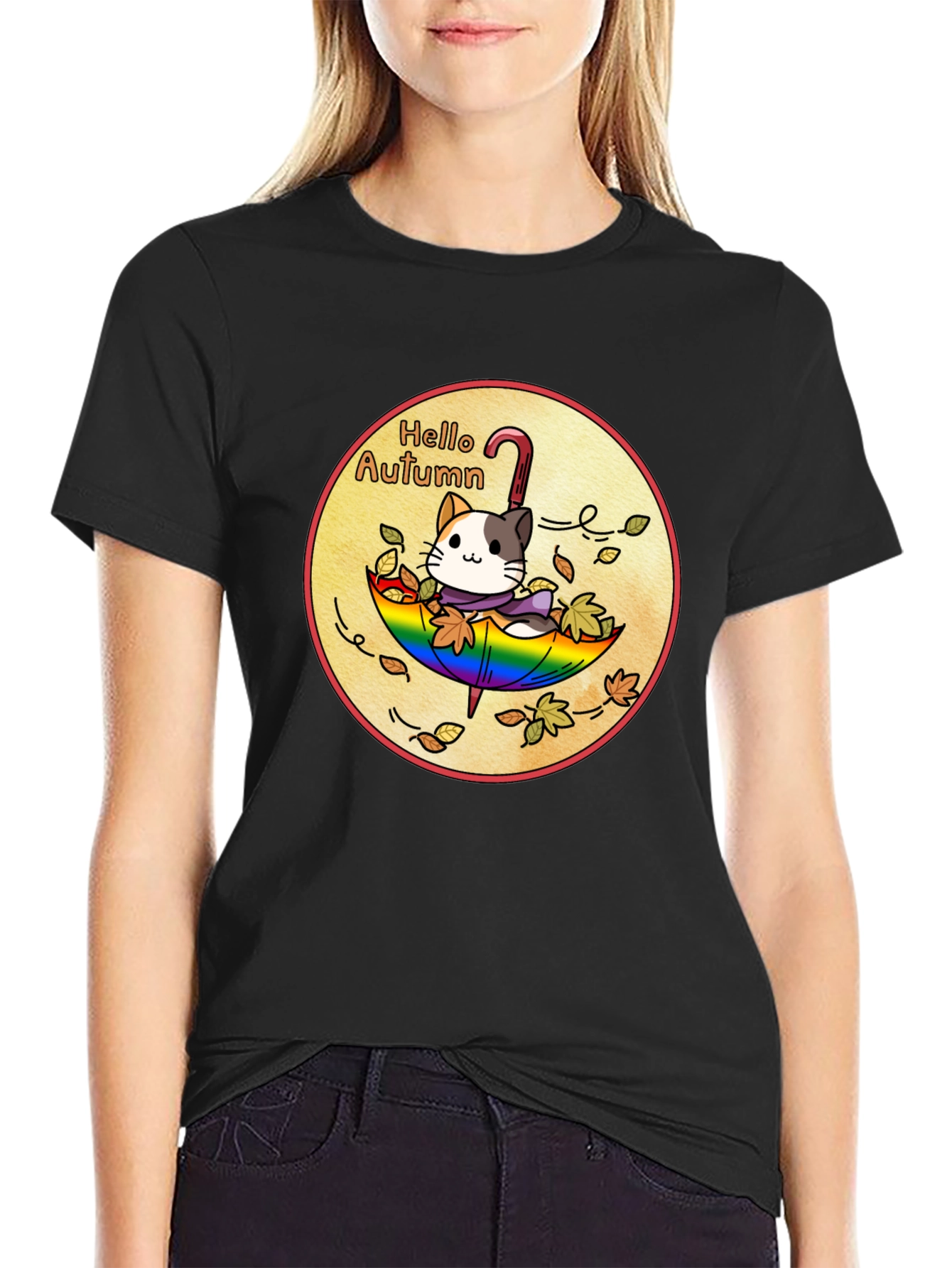 Autumn Cat Umbrella Graphic Tee - Unisex