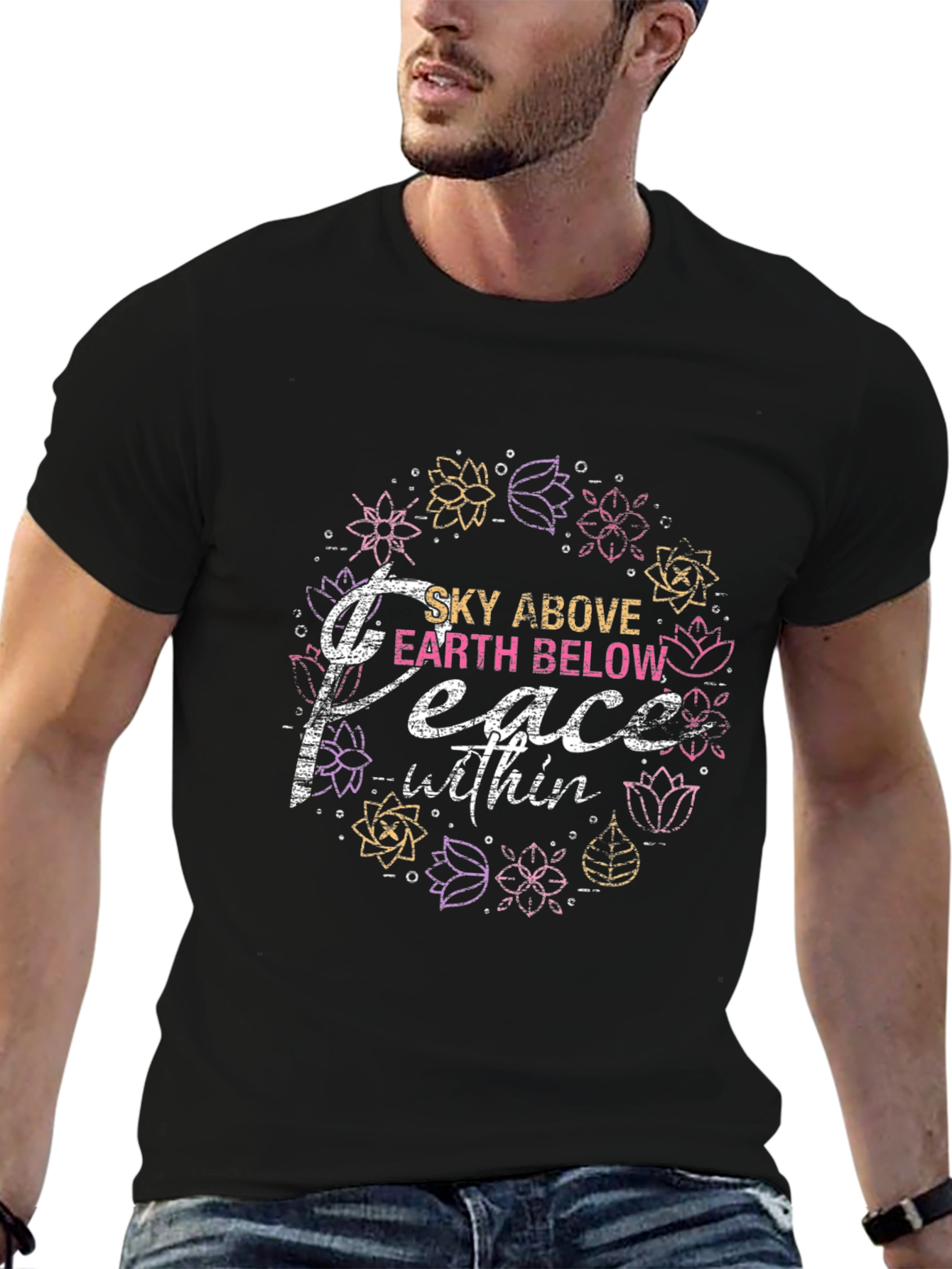 Peace Within Black T-Shirt - Floral Design