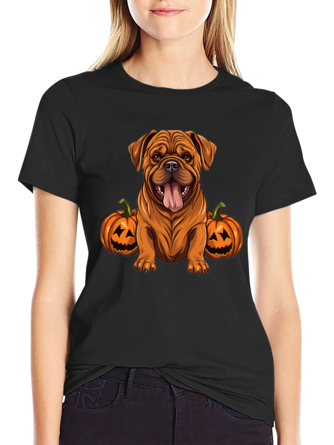 Dog Halloween T-Shirt: Cute Bulldog with Pumpkins