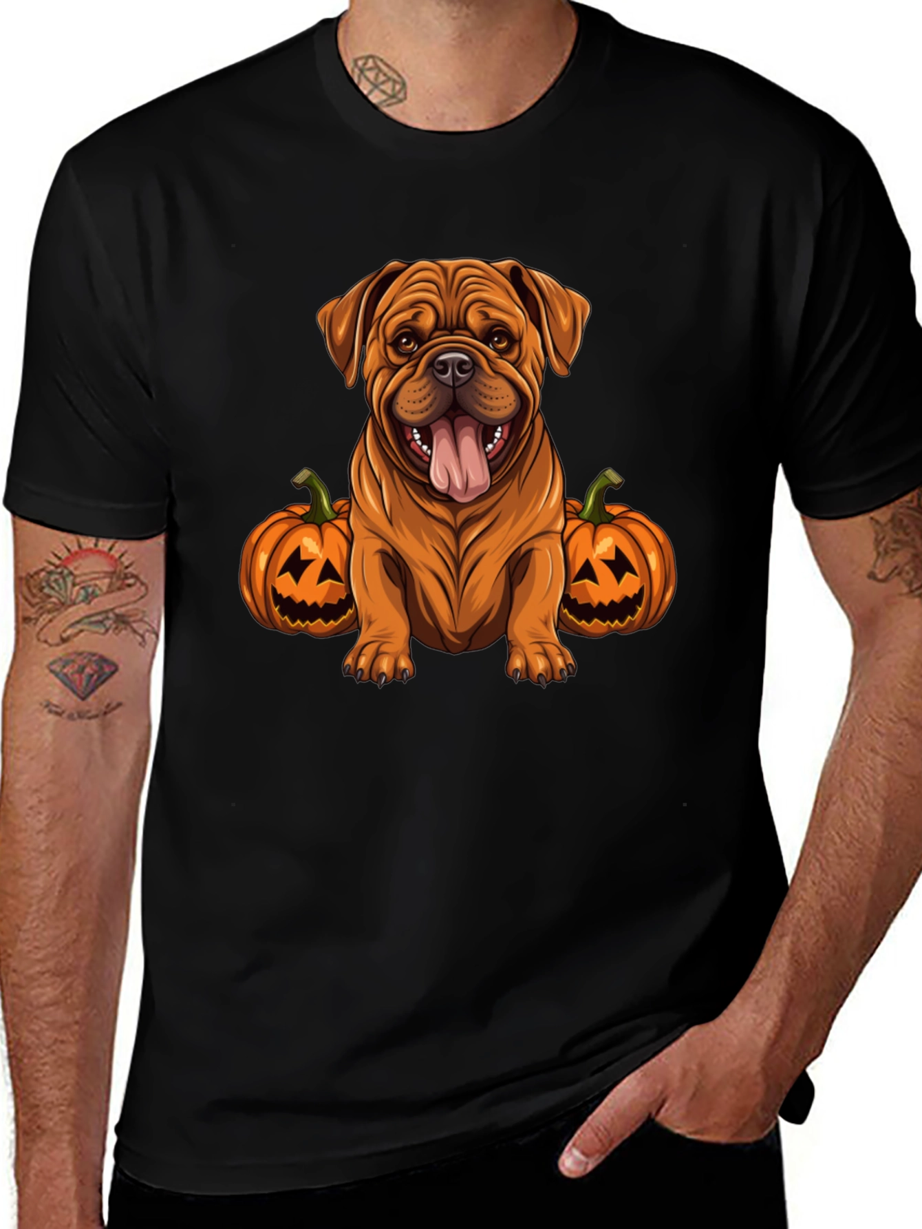 Dog Halloween T-Shirt: Cute Bulldog with Pumpkins