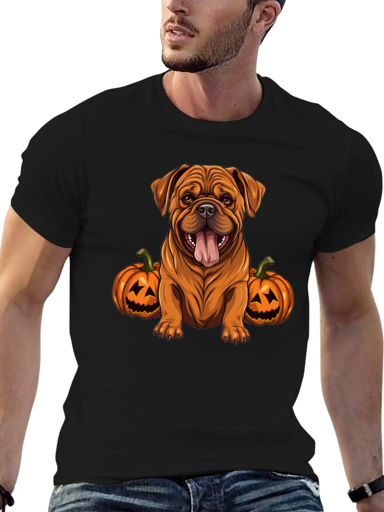 Dog Halloween T-Shirt: Cute Bulldog with Pumpkins