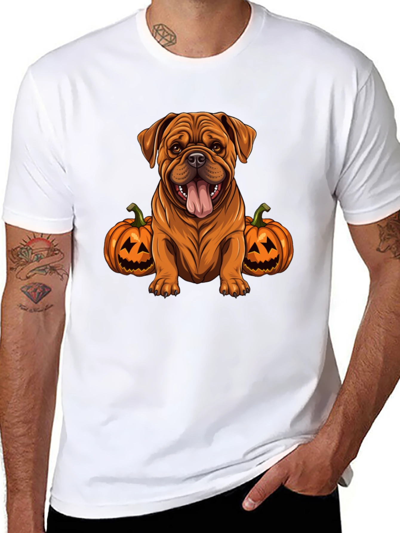 Dog Halloween T-Shirt: Cute Bulldog with Pumpkins