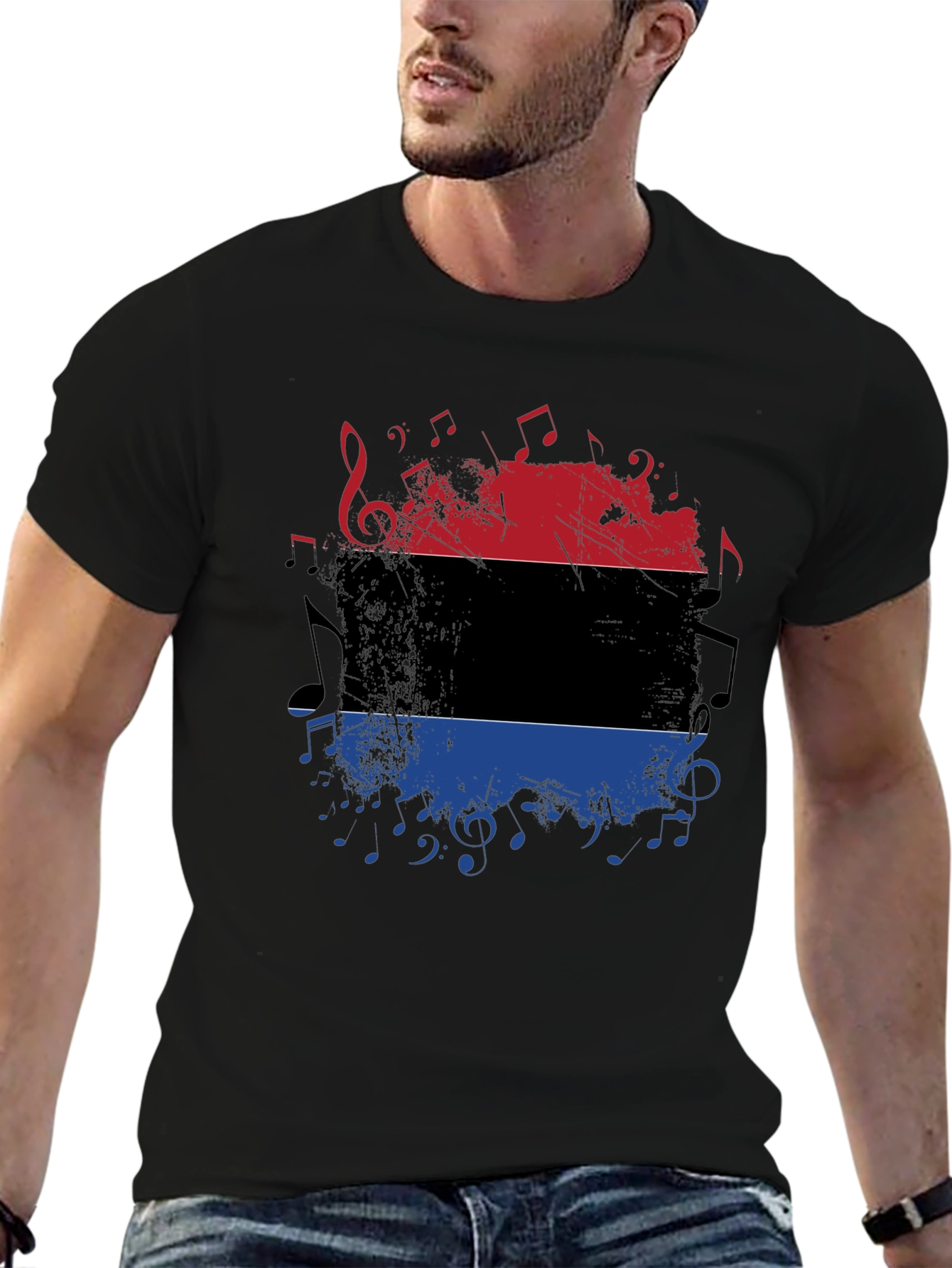 Music Inspired Graphic Tee - Red Black and Blue