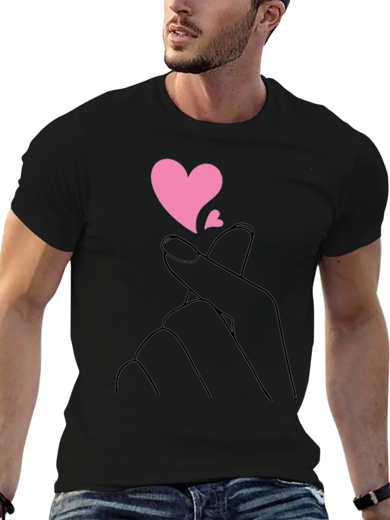 Black T-Shirt with Heart Fingers Graphic