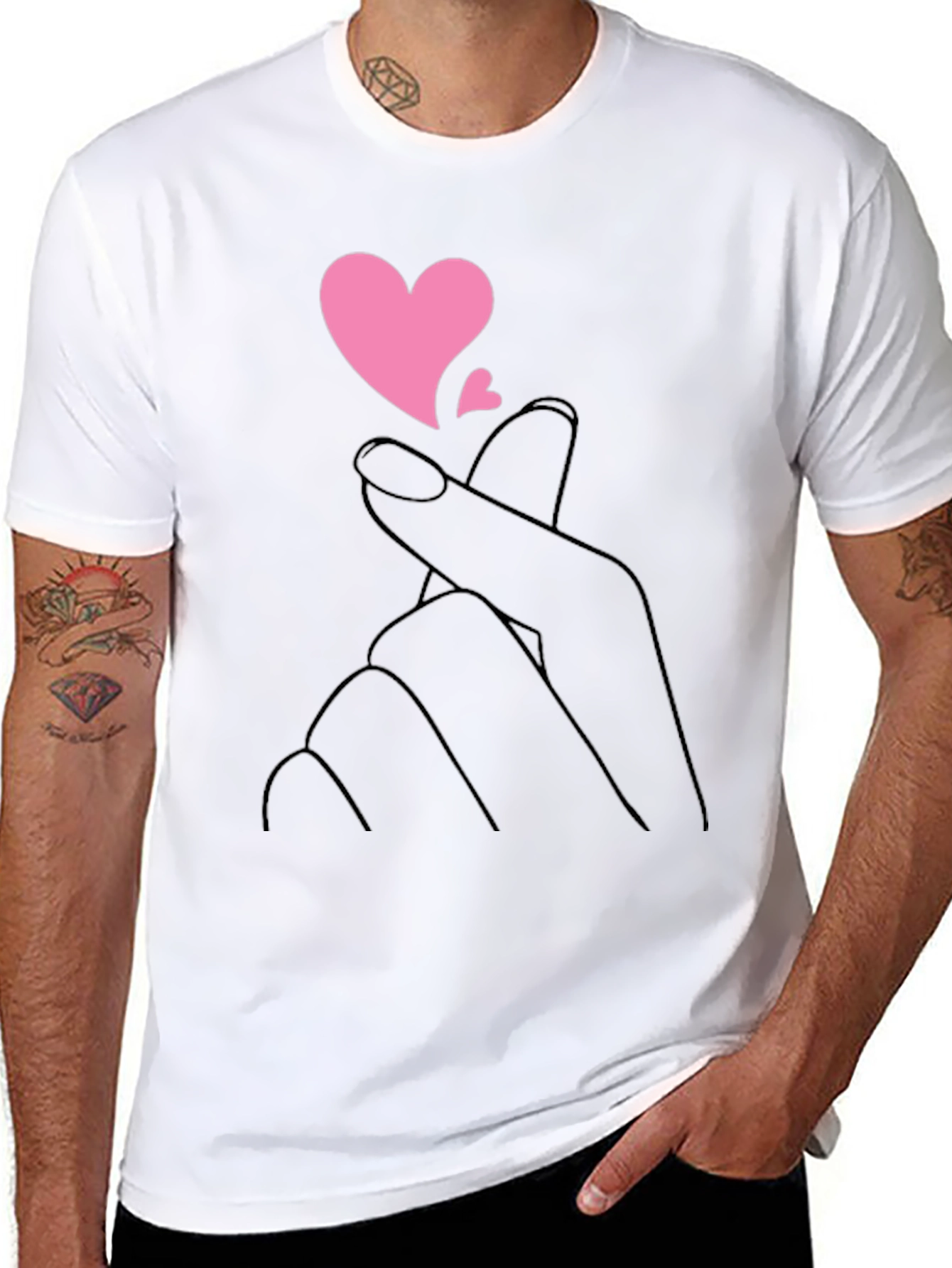 Black T-Shirt with Heart Fingers Graphic