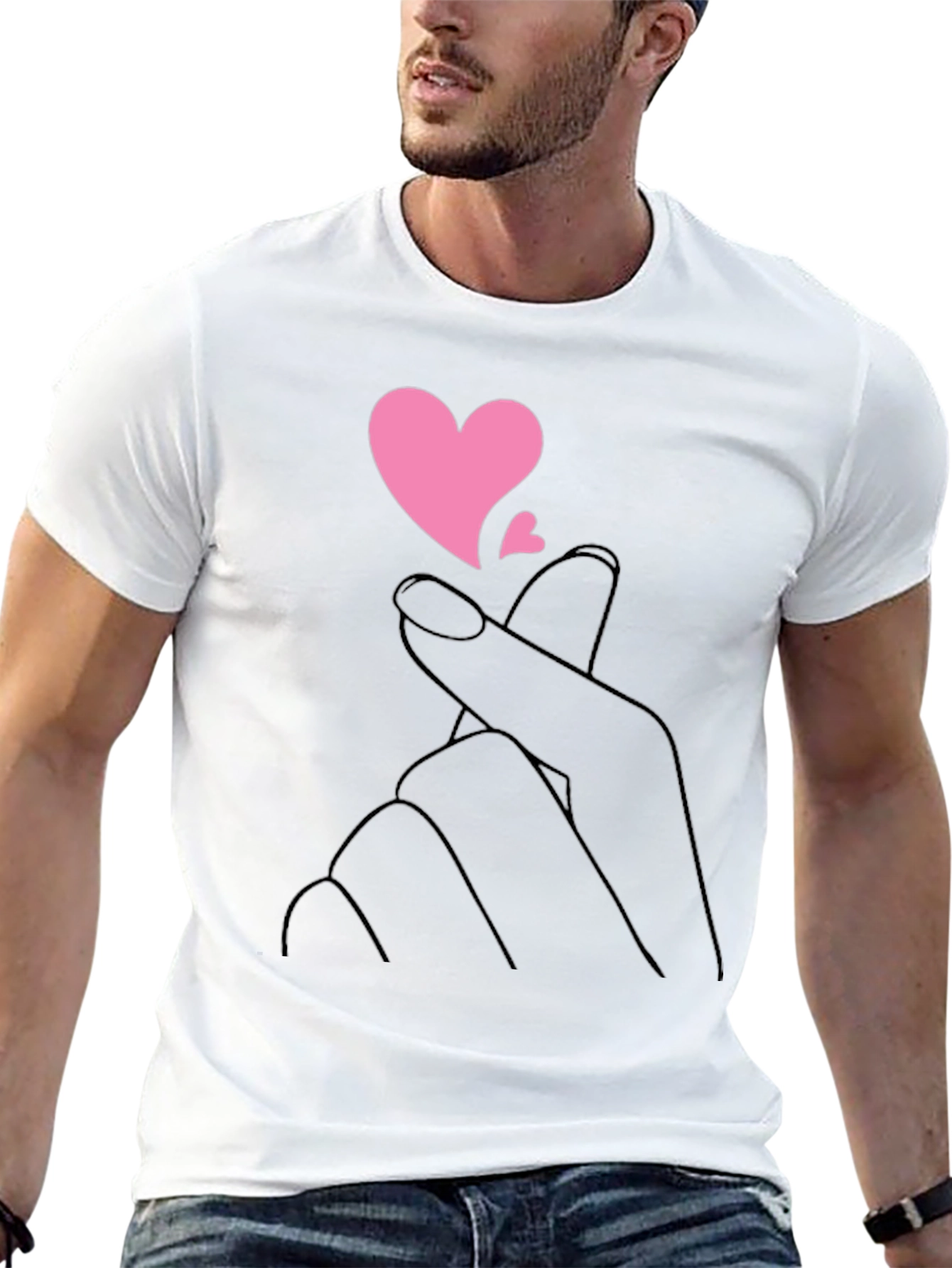 Black T-Shirt with Heart Fingers Graphic