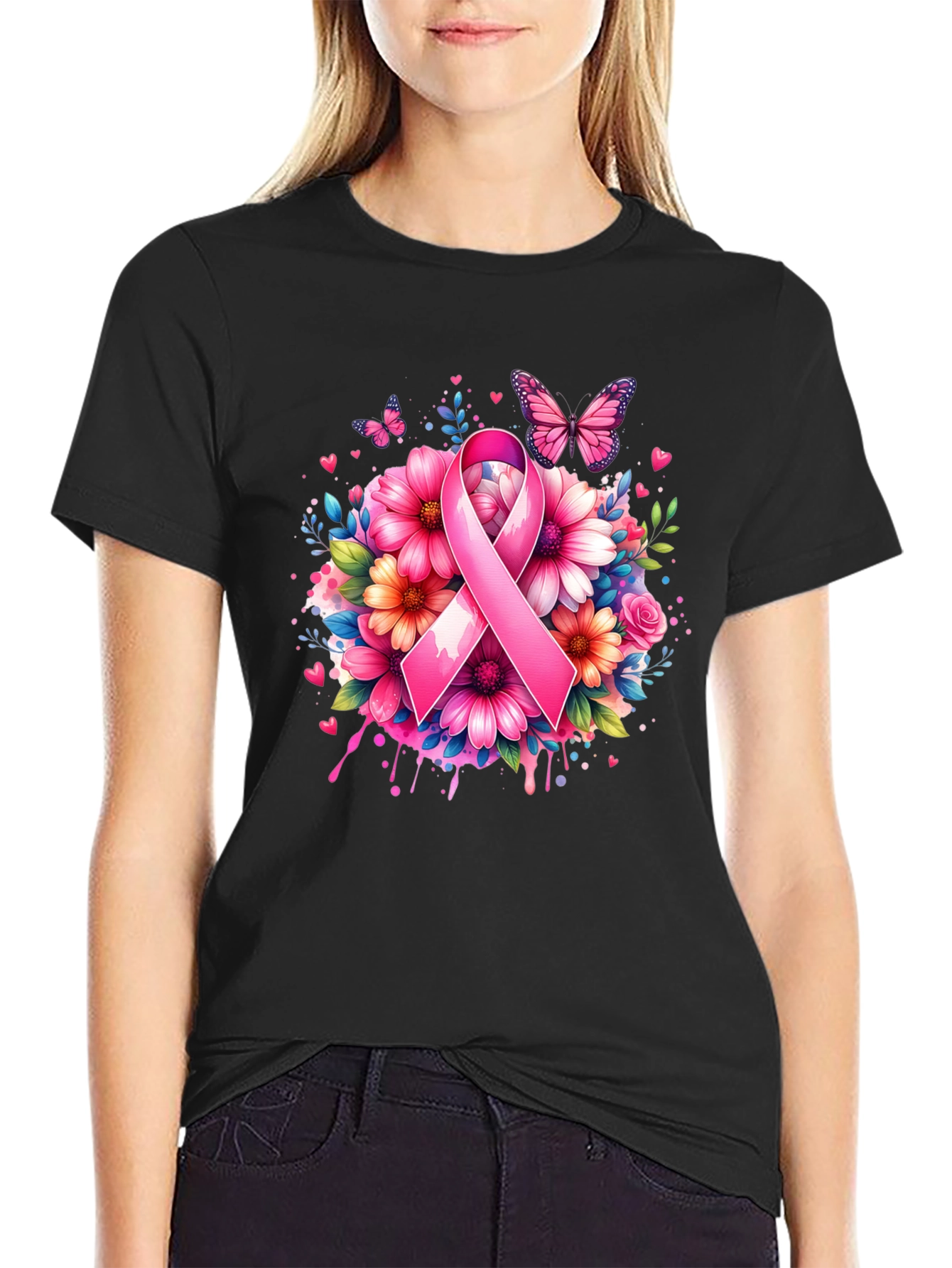 Breast Cancer Awareness Floral Ribbon T-Shirt