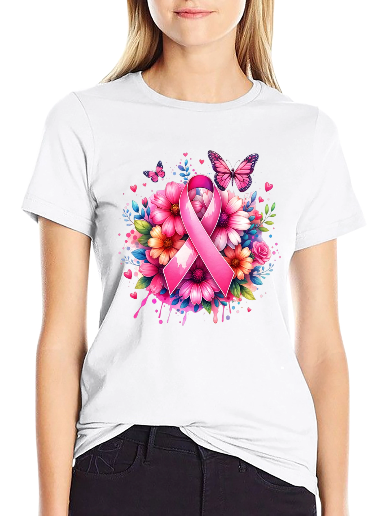 Breast Cancer Awareness Floral Ribbon T-Shirt