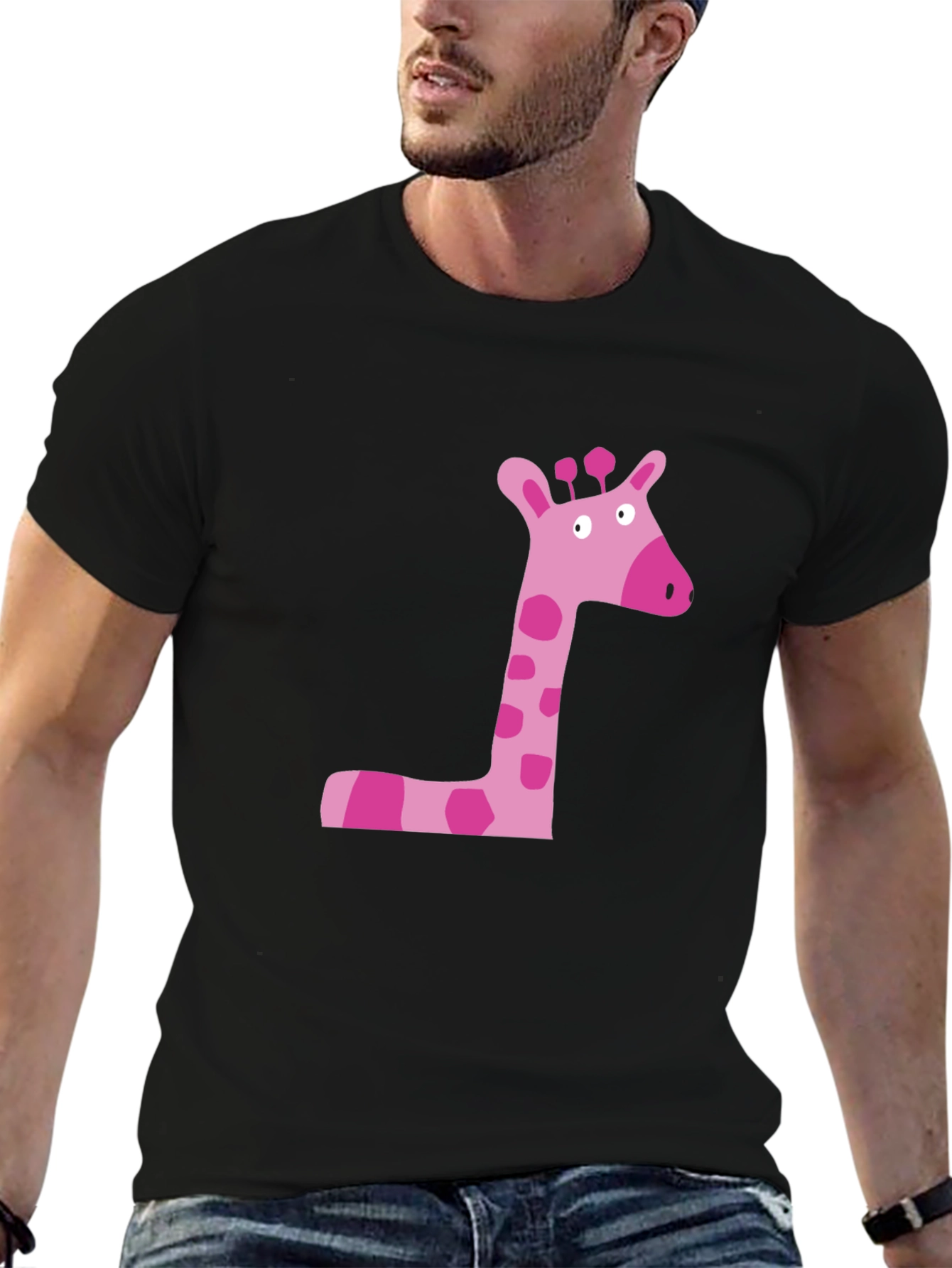 Pink Giraffe Graphic Tee - Black Cotton Shirt