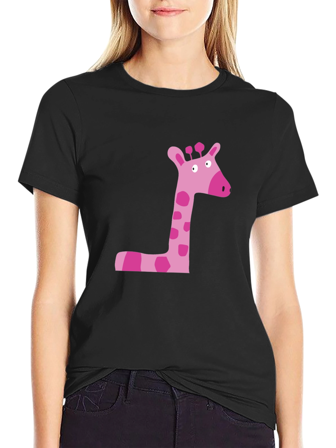 Pink Giraffe Graphic Tee - Black Cotton Shirt
