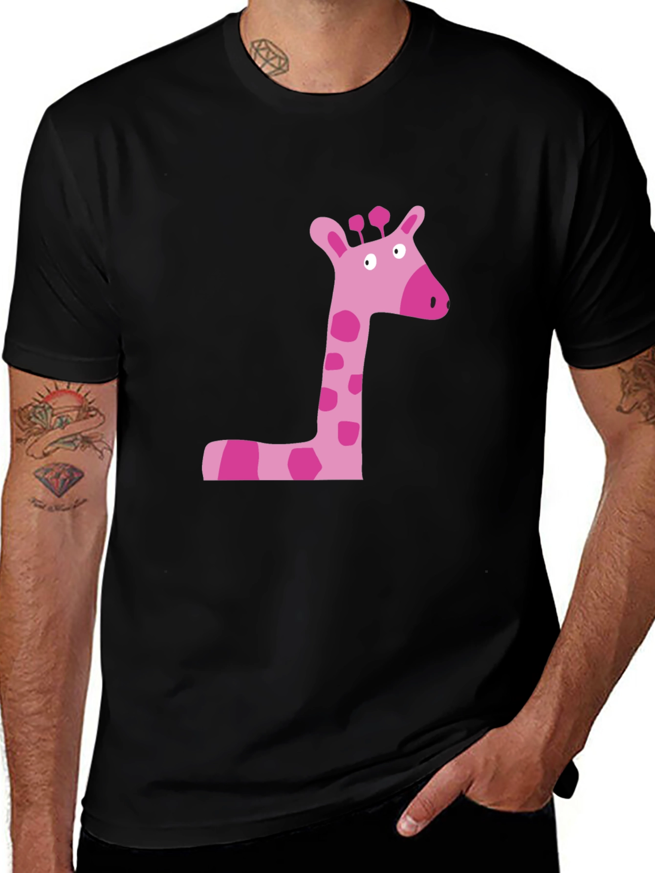 Pink Giraffe Graphic Tee - Black Cotton Shirt