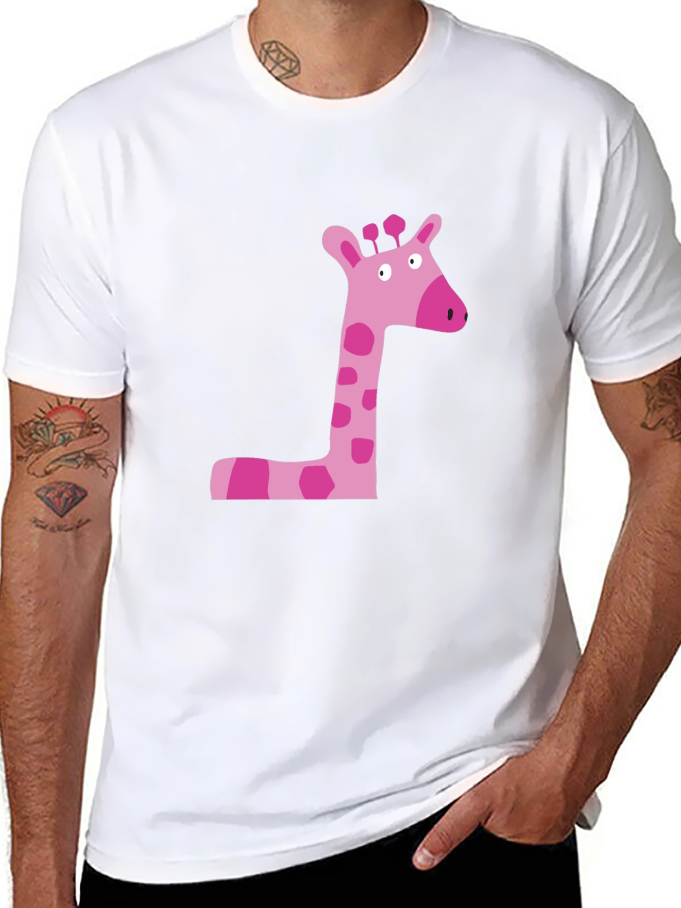 Pink Giraffe Graphic Tee - Black Cotton Shirt