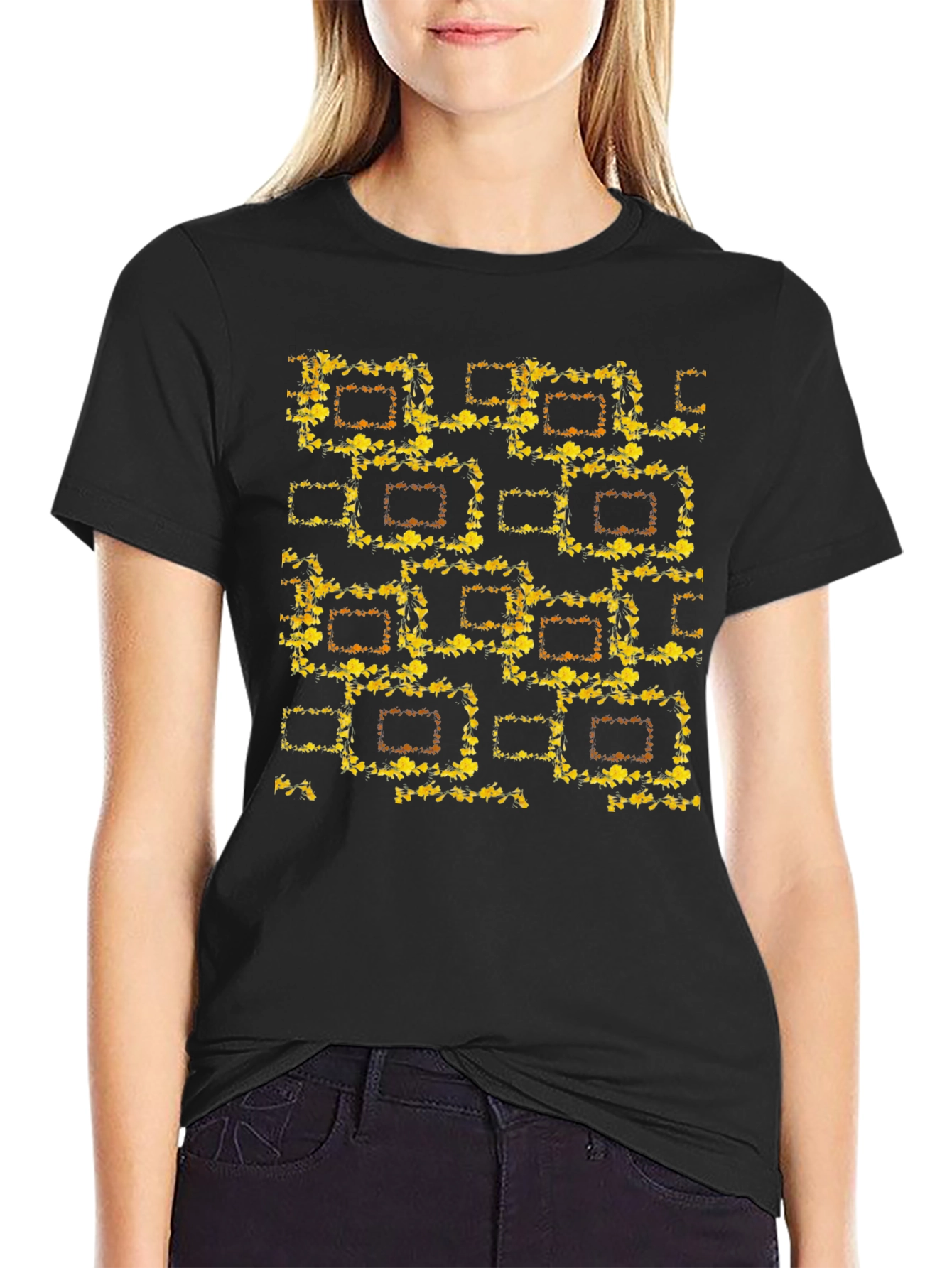 Abstract Floral Pattern Black T-Shirt