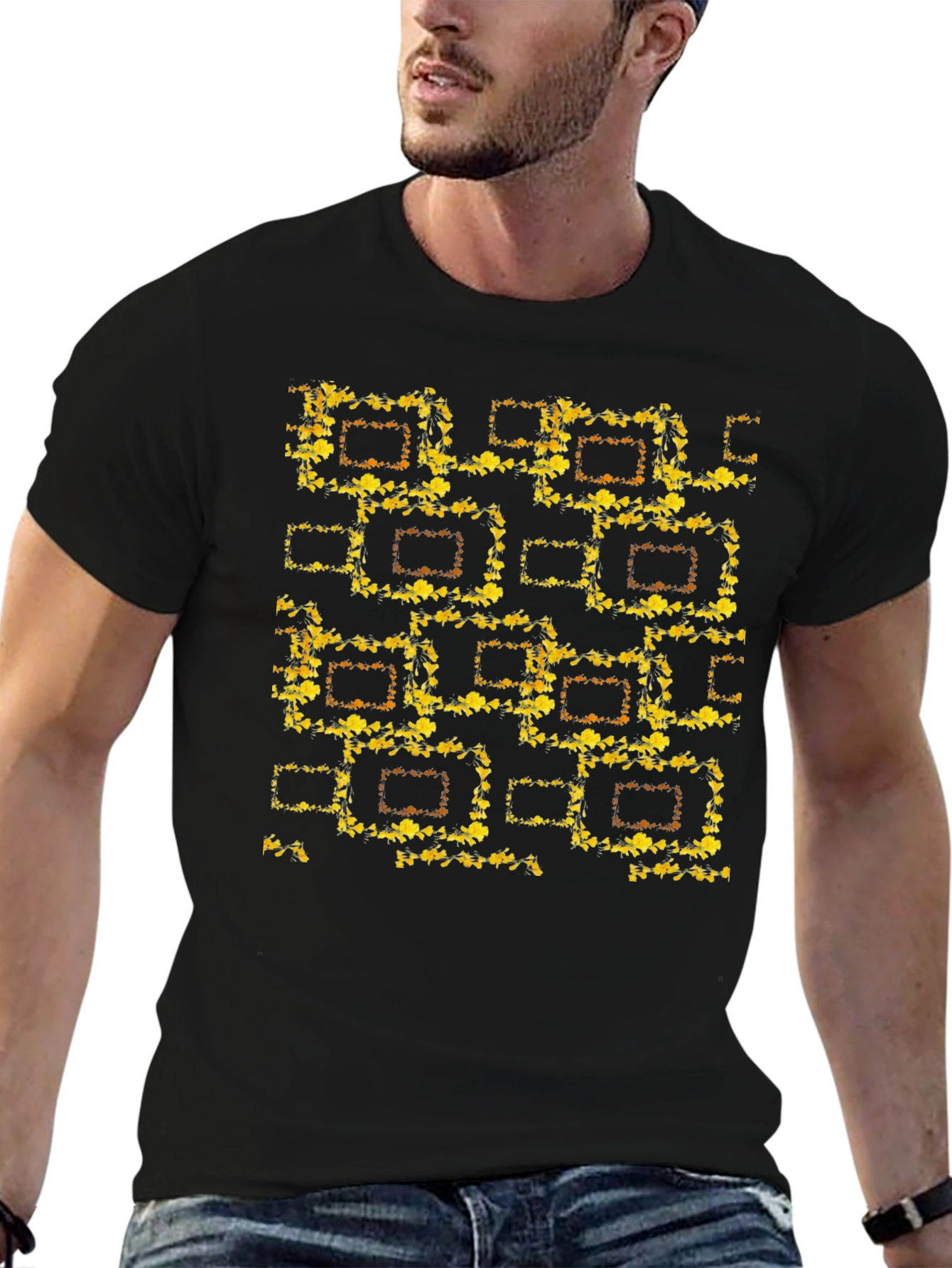 Abstract Floral Pattern Black T-Shirt