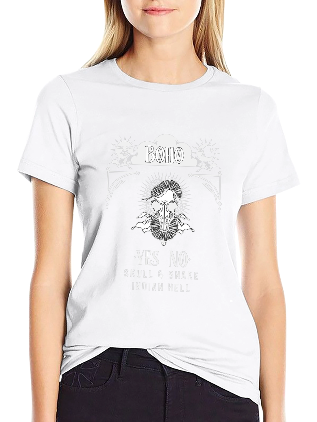 Boho Skull Snake Graphic Print Black T-Shirt