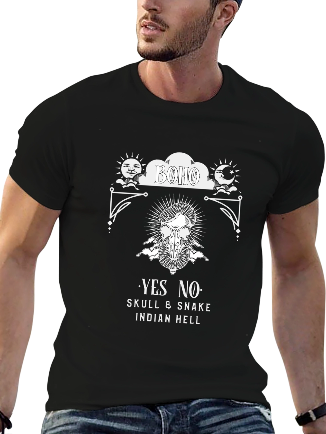 Boho Skull Snake Graphic Print Black T-Shirt