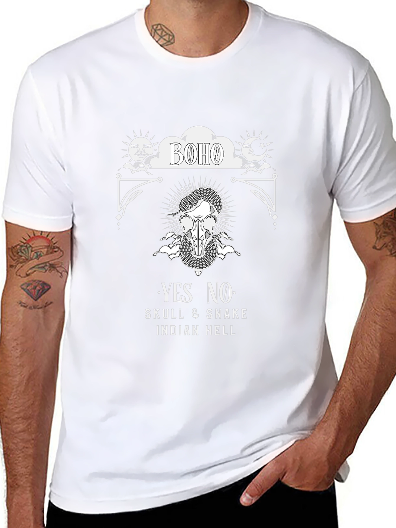Boho Skull Snake Graphic Print Black T-Shirt