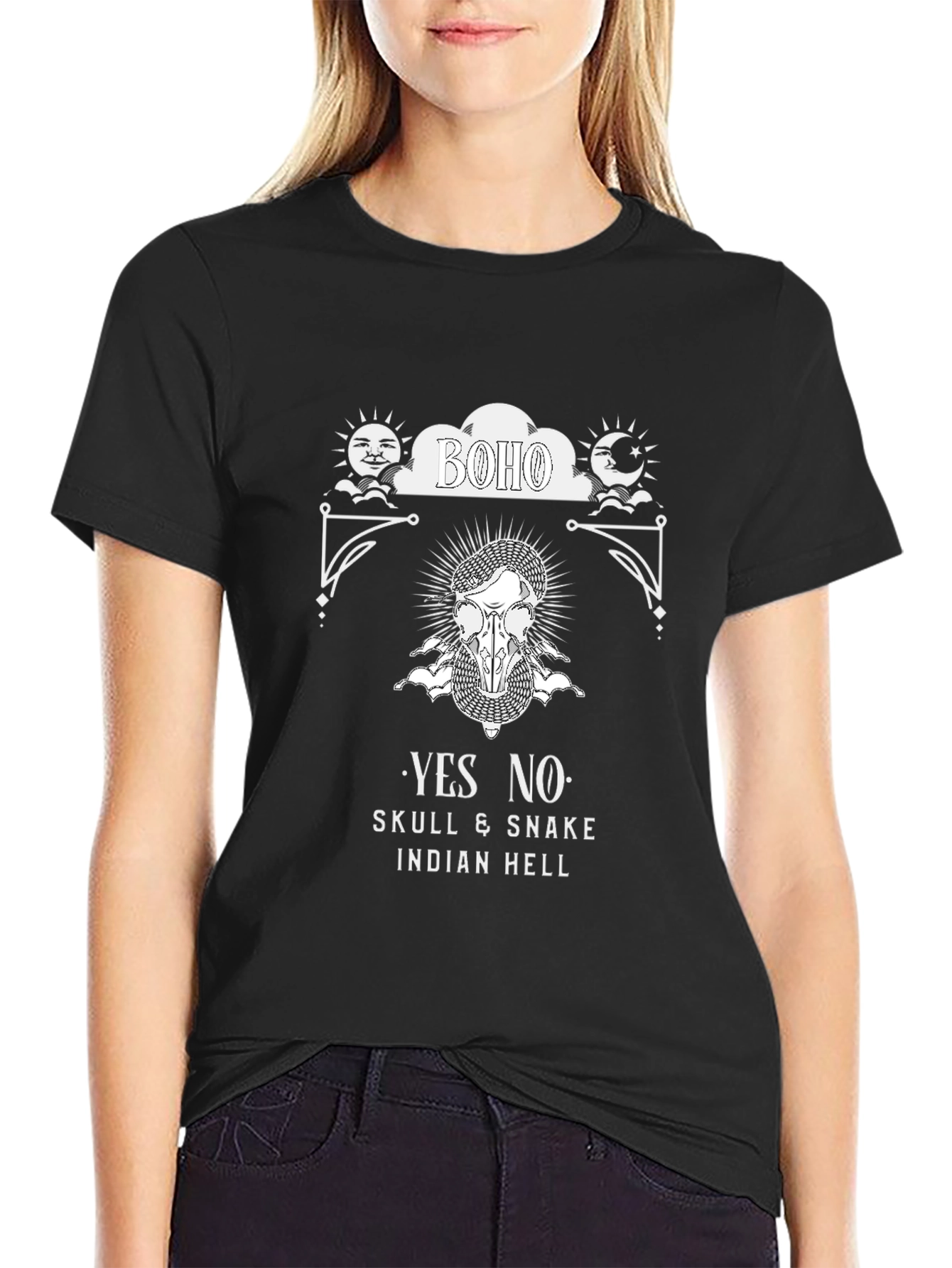 Boho Skull Snake Graphic Print Black T-Shirt