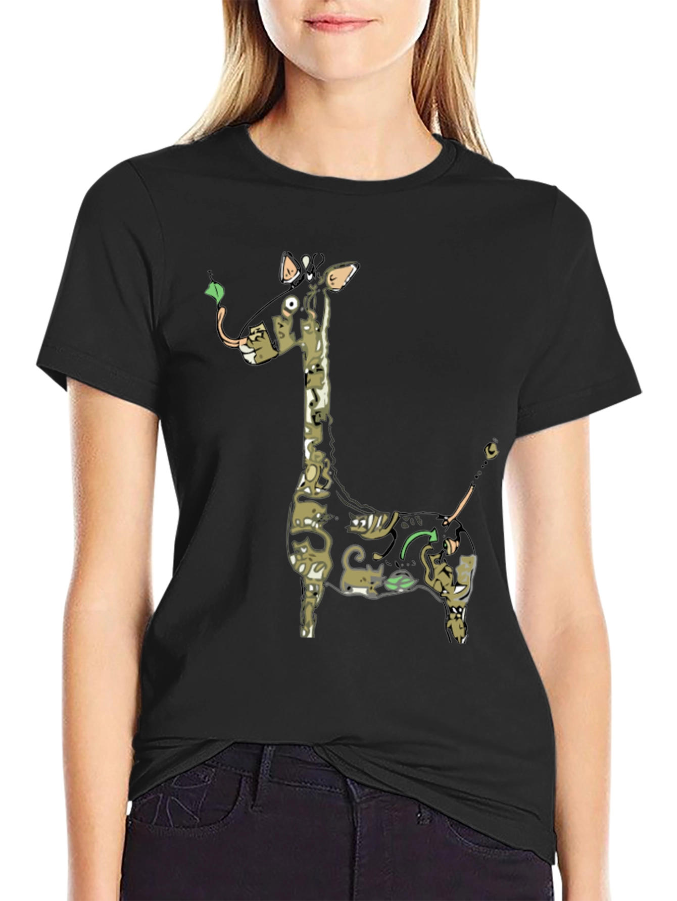 Giraffe Cat Print Black T-Shirt - Unique Animal Design