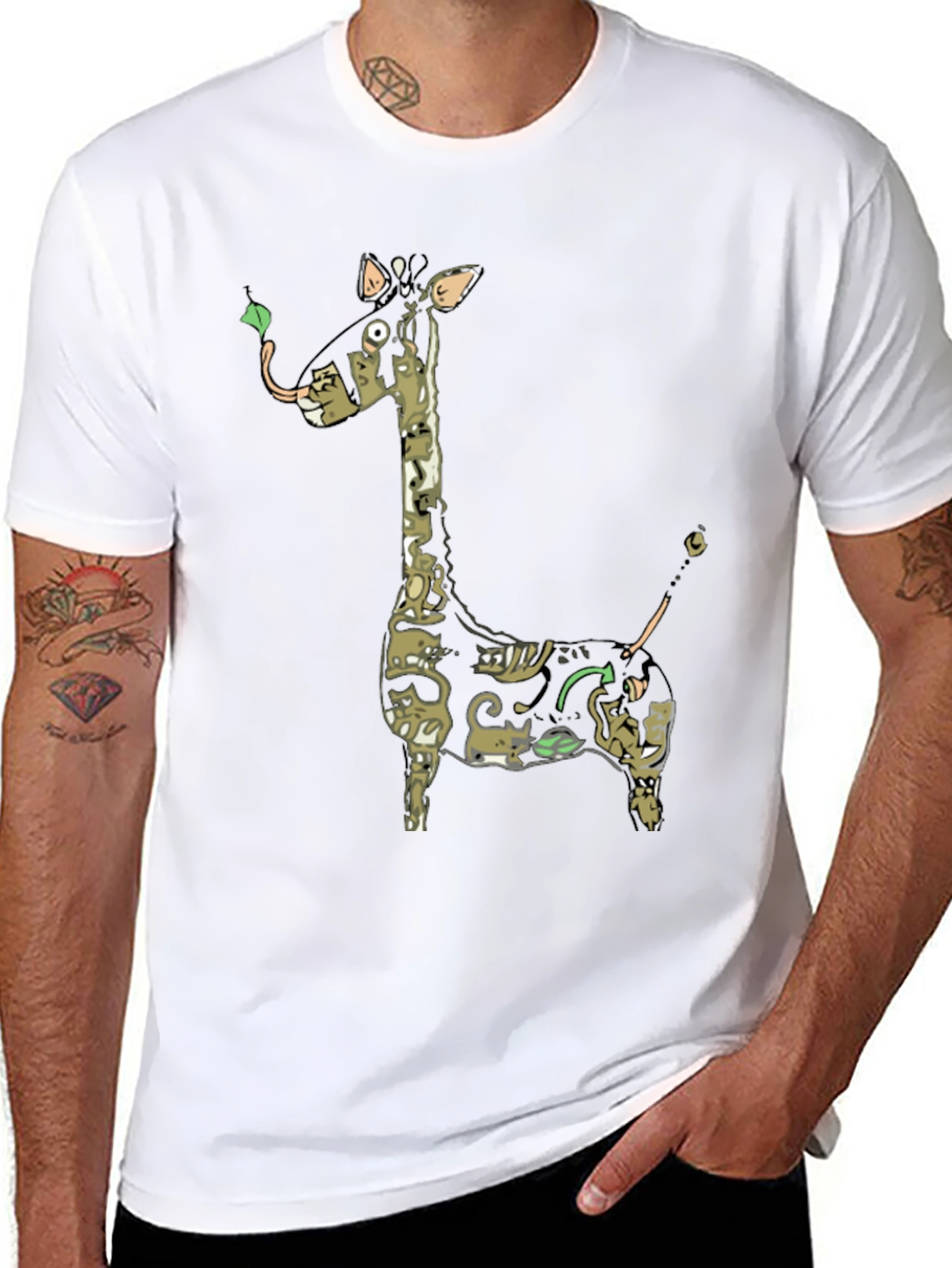 Giraffe Cat Print Black T-Shirt - Unique Animal Design