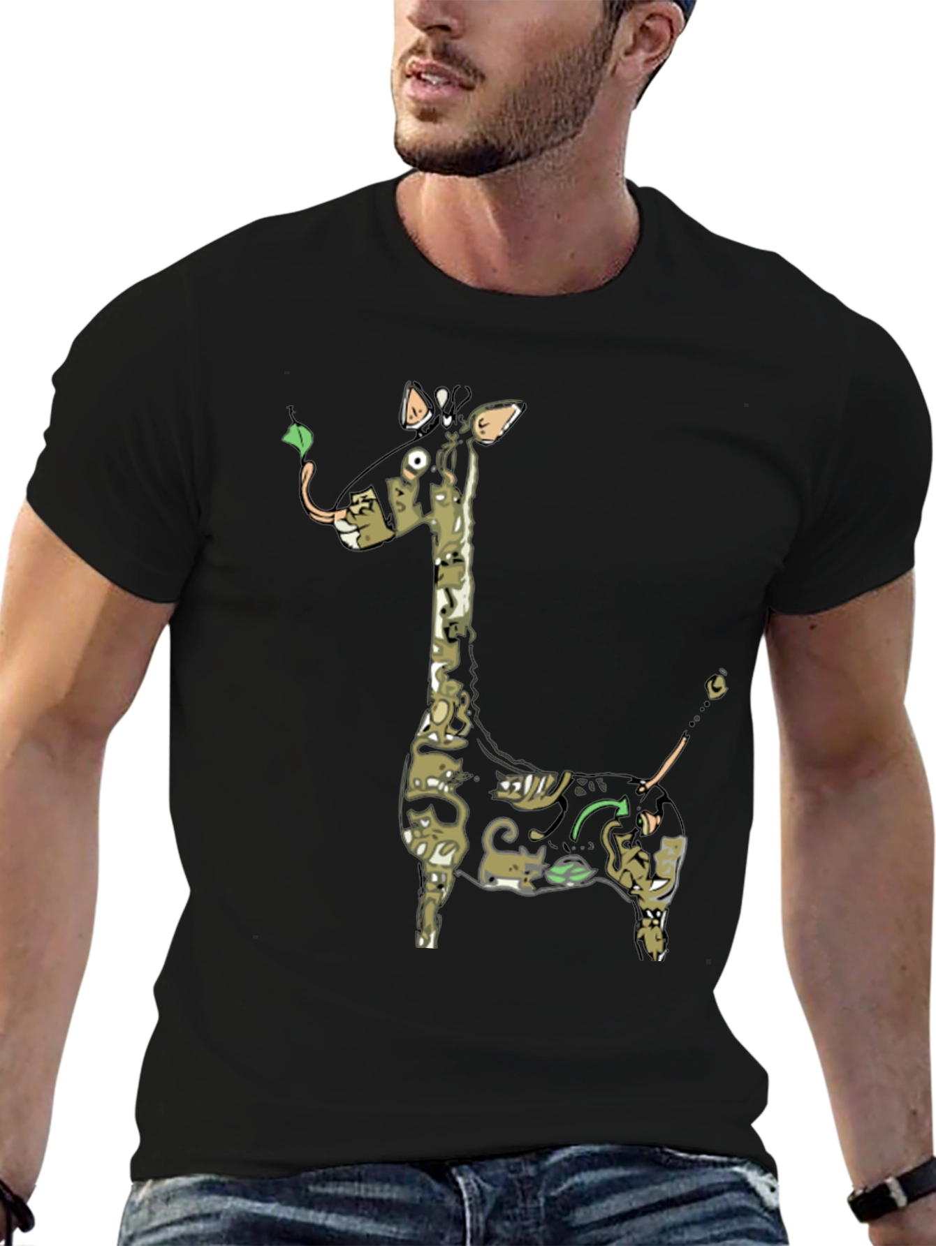 Giraffe Cat Print Black T-Shirt - Unique Animal Design