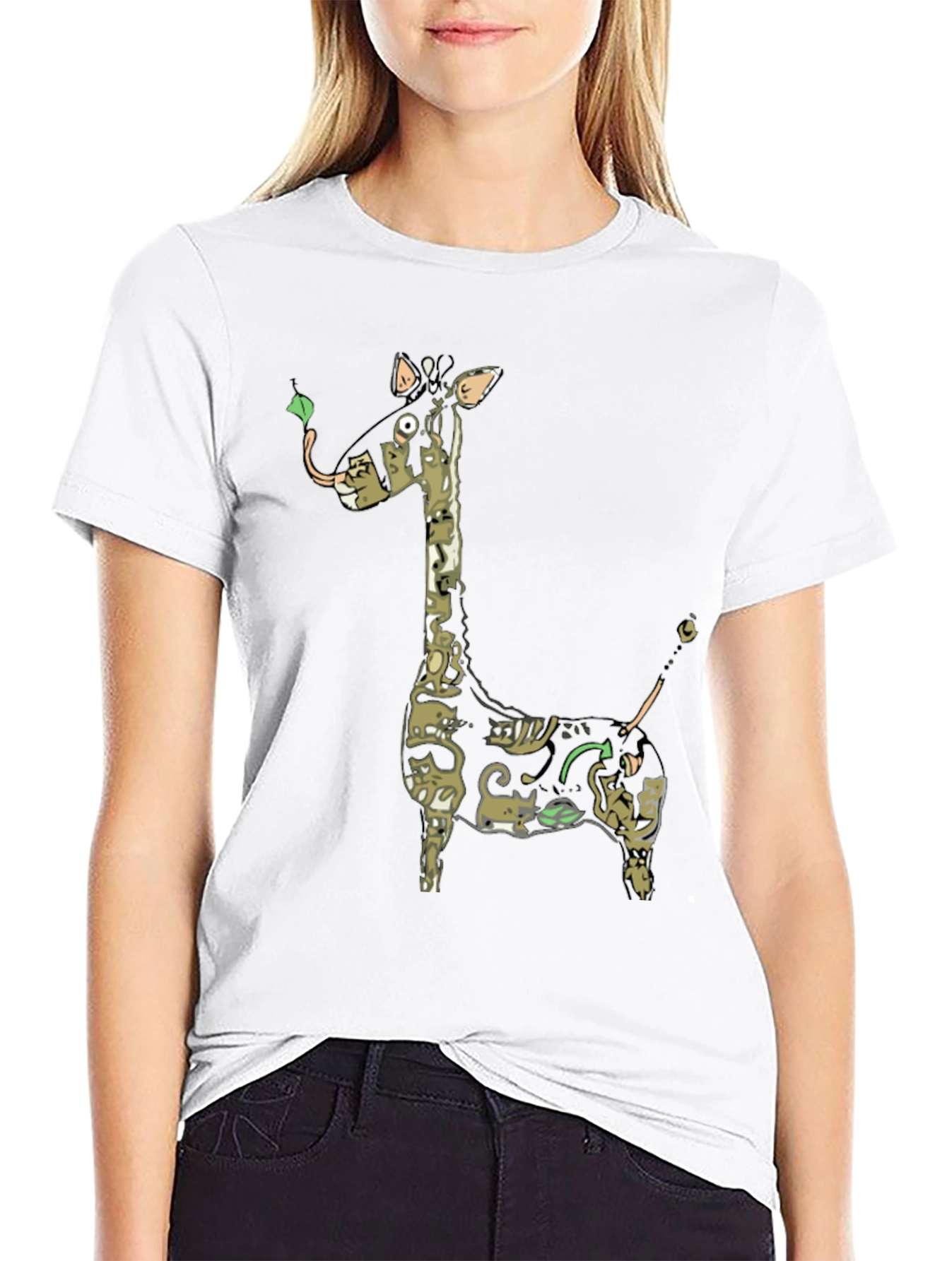 Giraffe Cat Print Black T-Shirt - Unique Animal Design