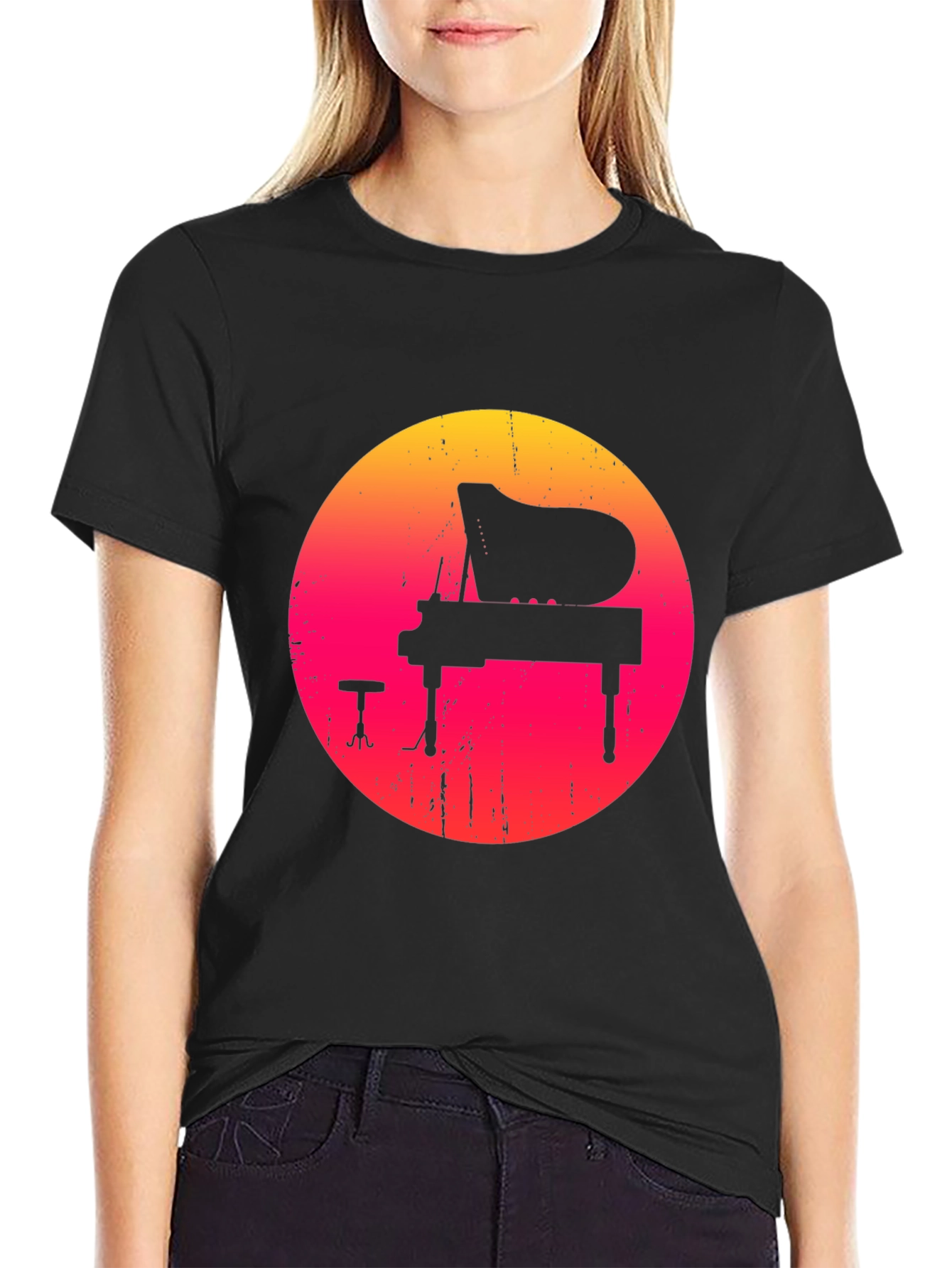 Retro Sunset Piano Graphic Tee - Black