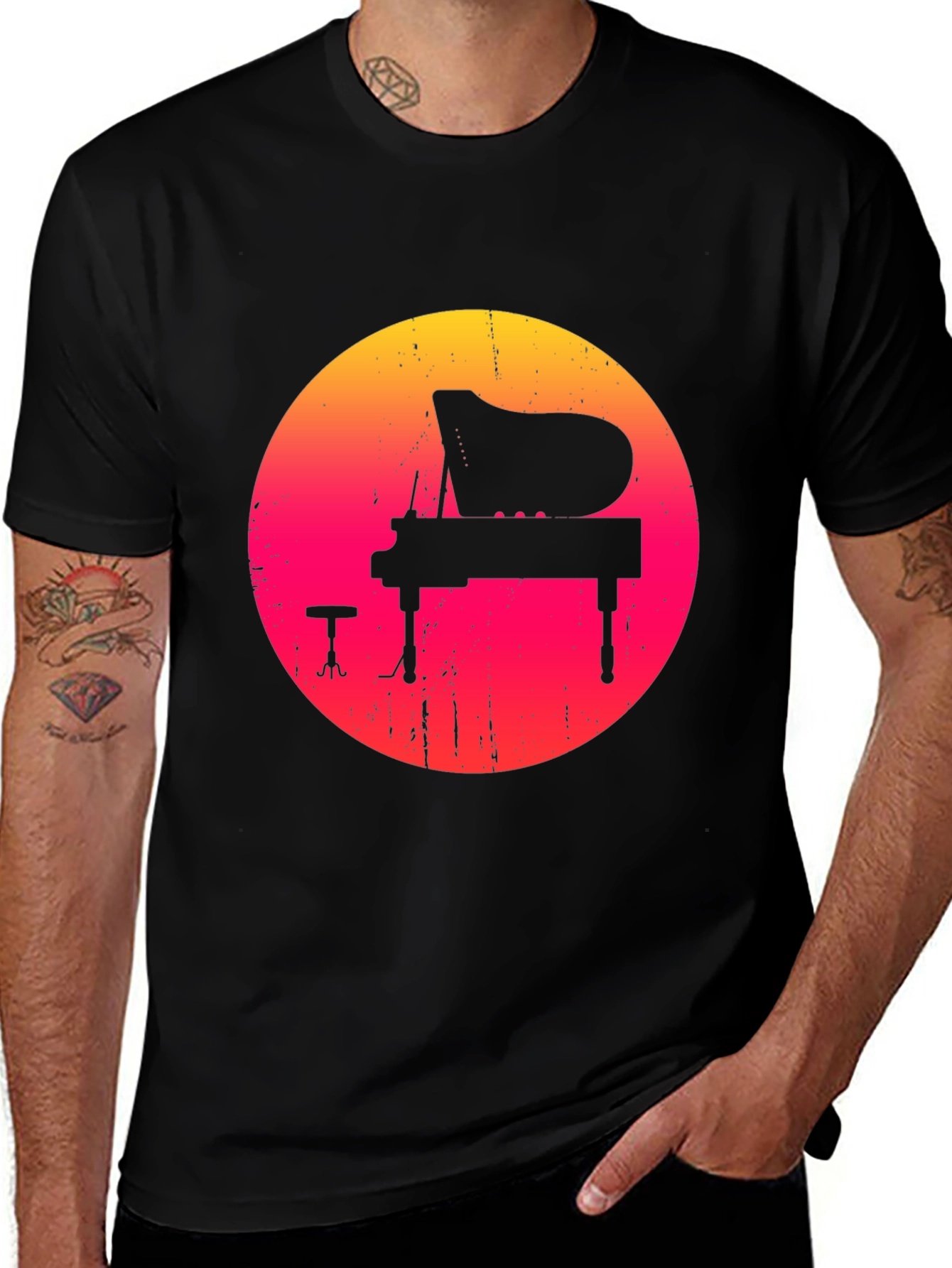 Retro Sunset Piano Graphic Tee - Black