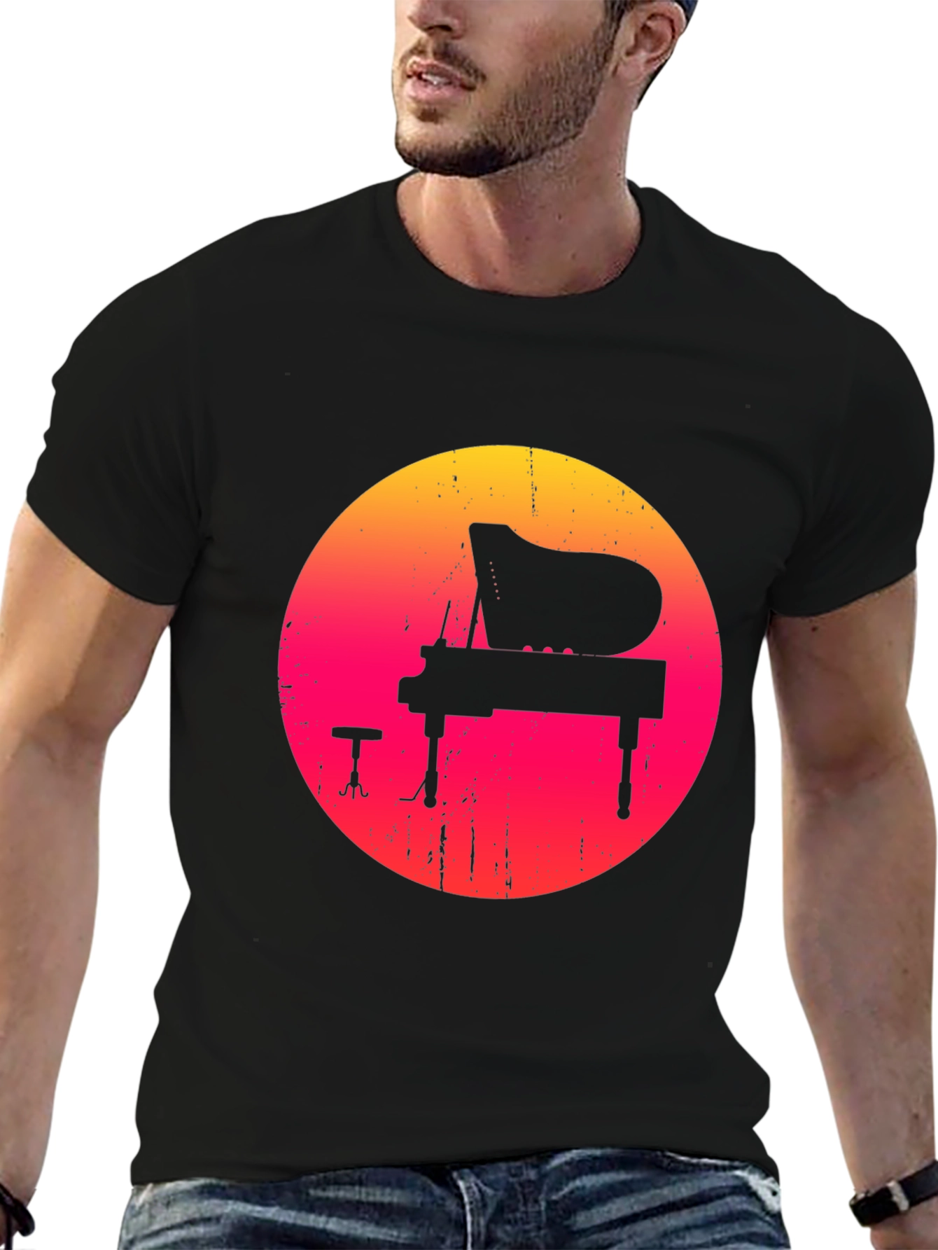 Retro Sunset Piano Graphic Tee - Black