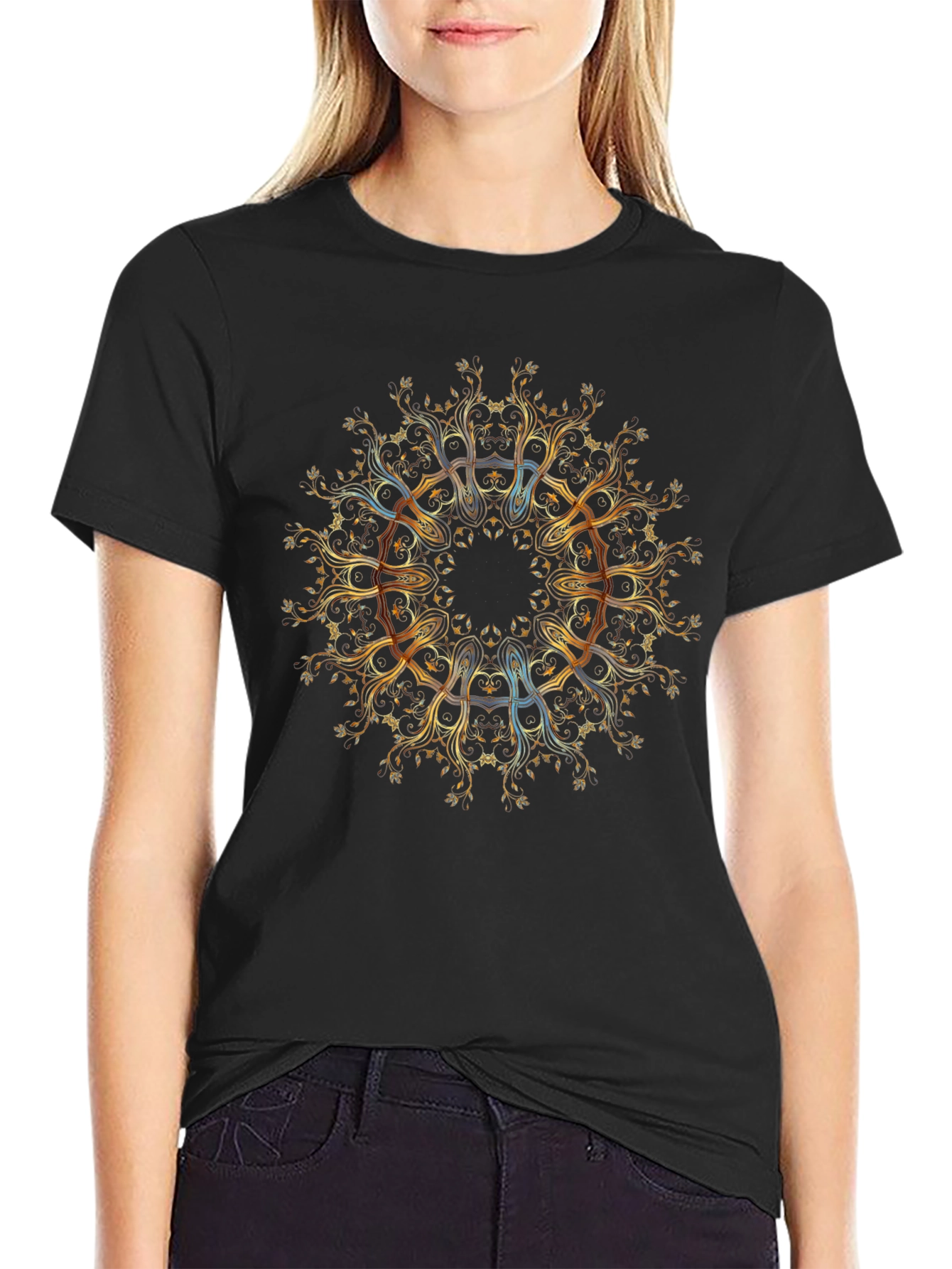 Golden Mandala Tree of Life Black T-Shirt