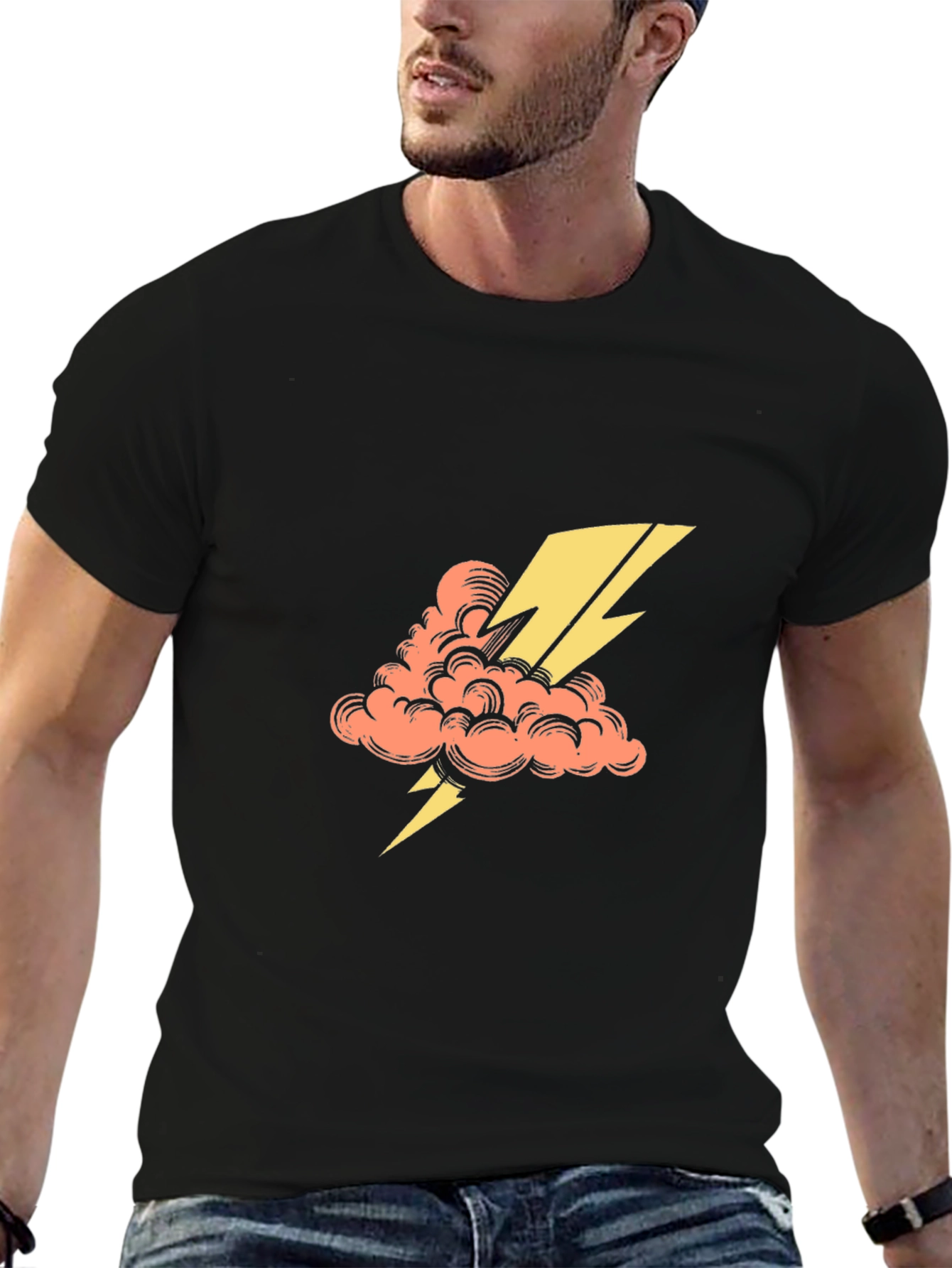 Black T-Shirt with Lightning Cloud Graphic