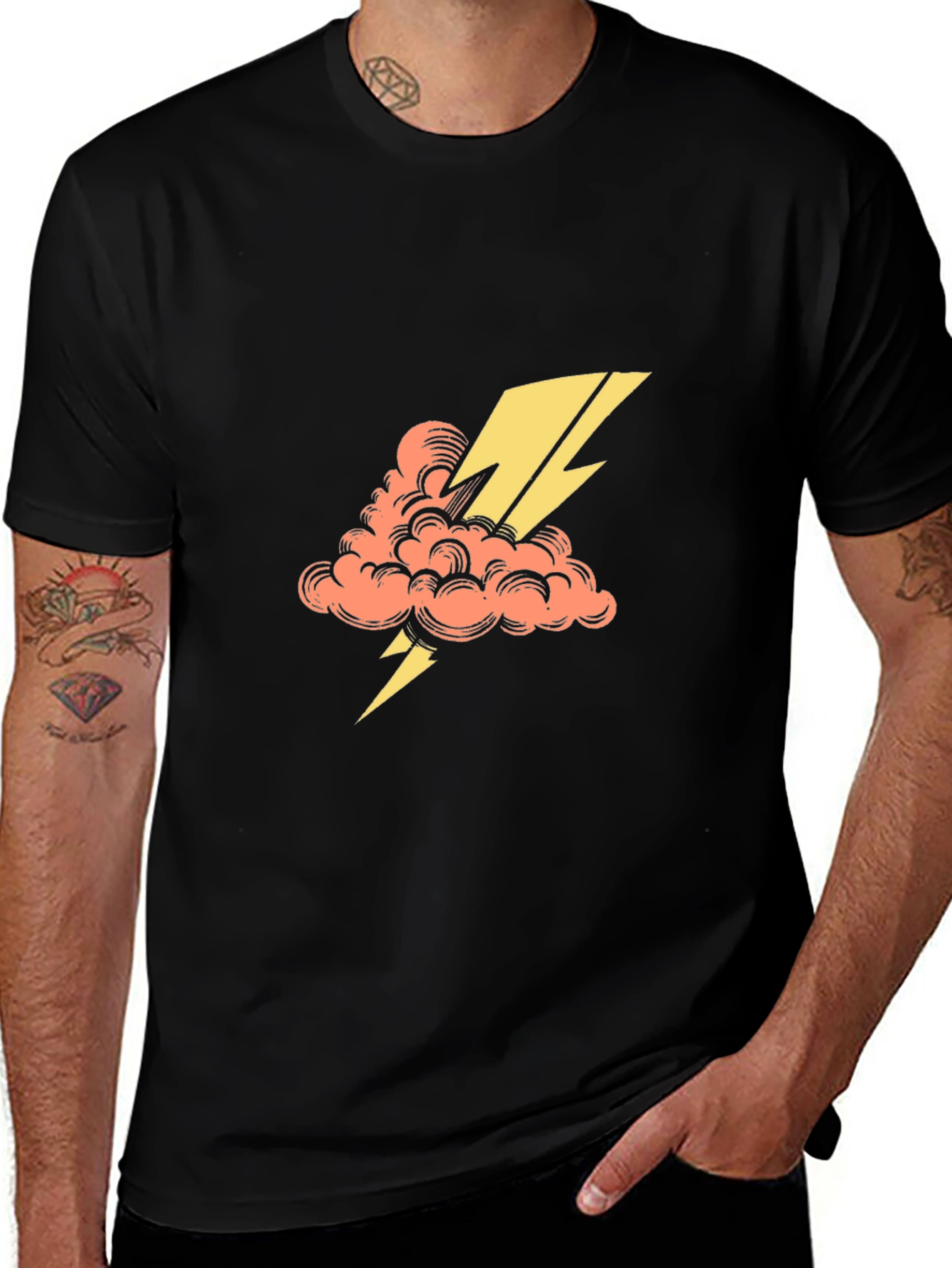 Black T-Shirt with Lightning Cloud Graphic