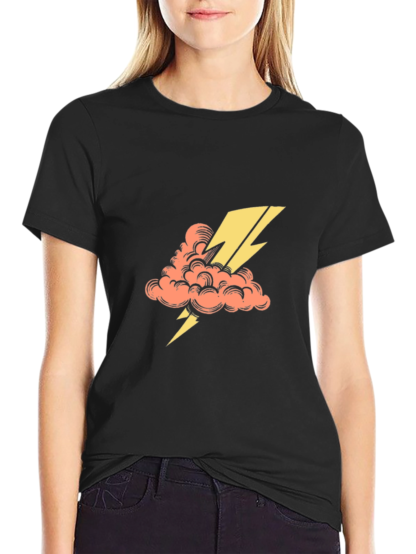 Black T-Shirt with Lightning Cloud Graphic