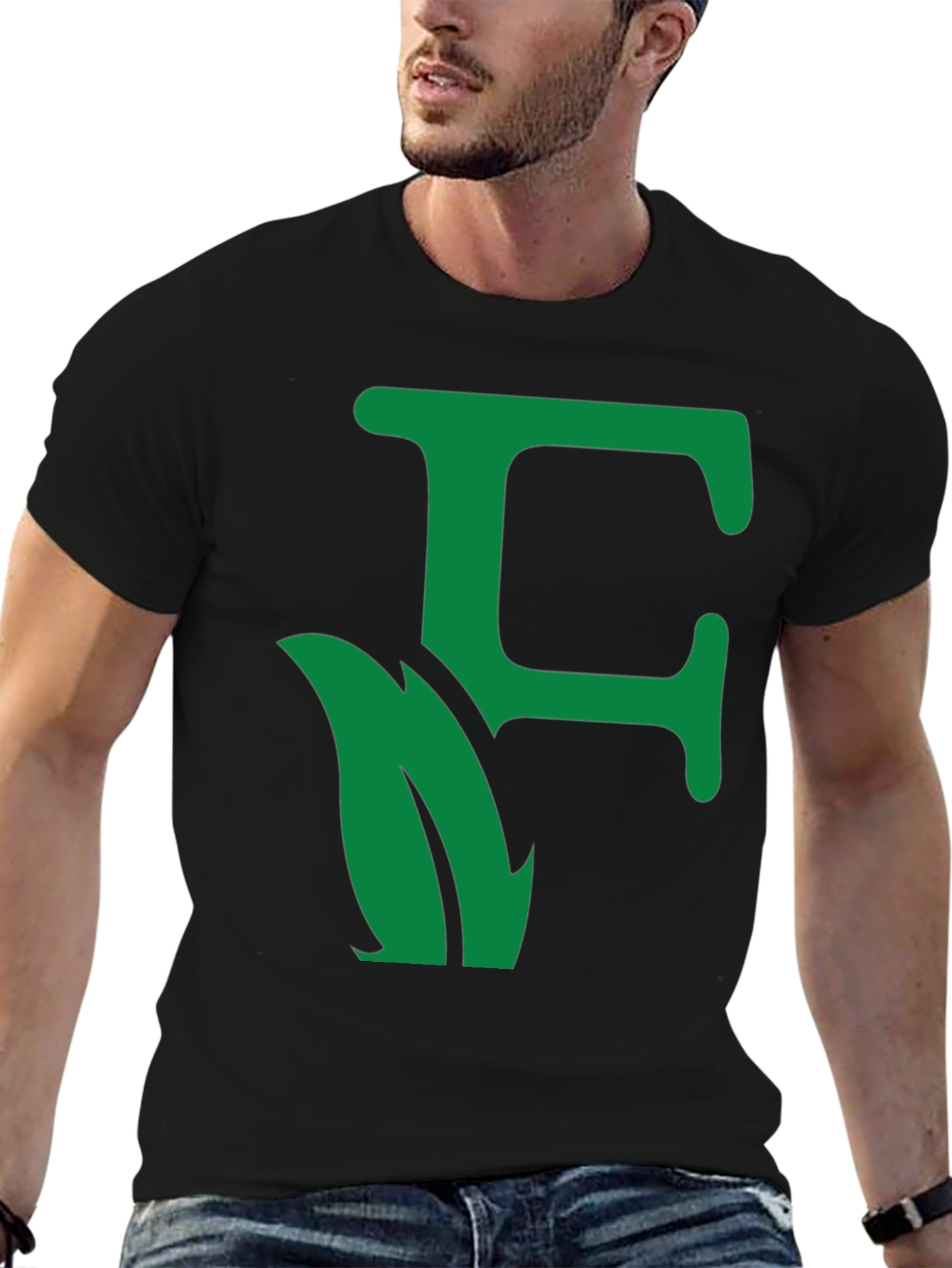 Green Leaf Initial F Black T-Shirt