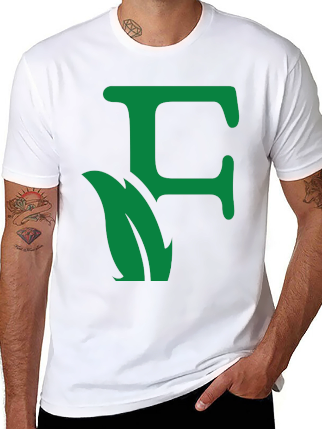 Green Leaf Initial F Black T-Shirt