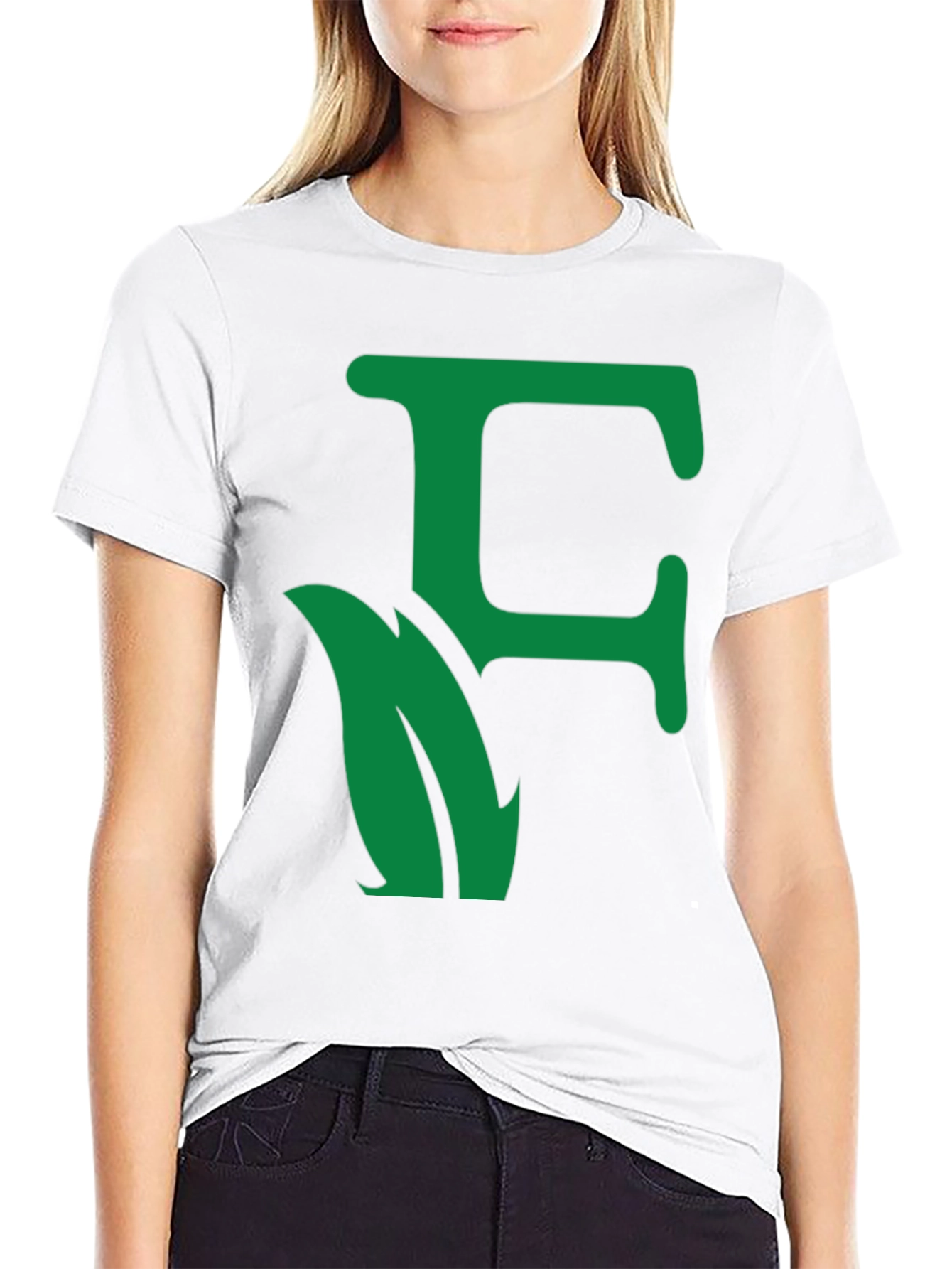 Green Leaf Initial F Black T-Shirt