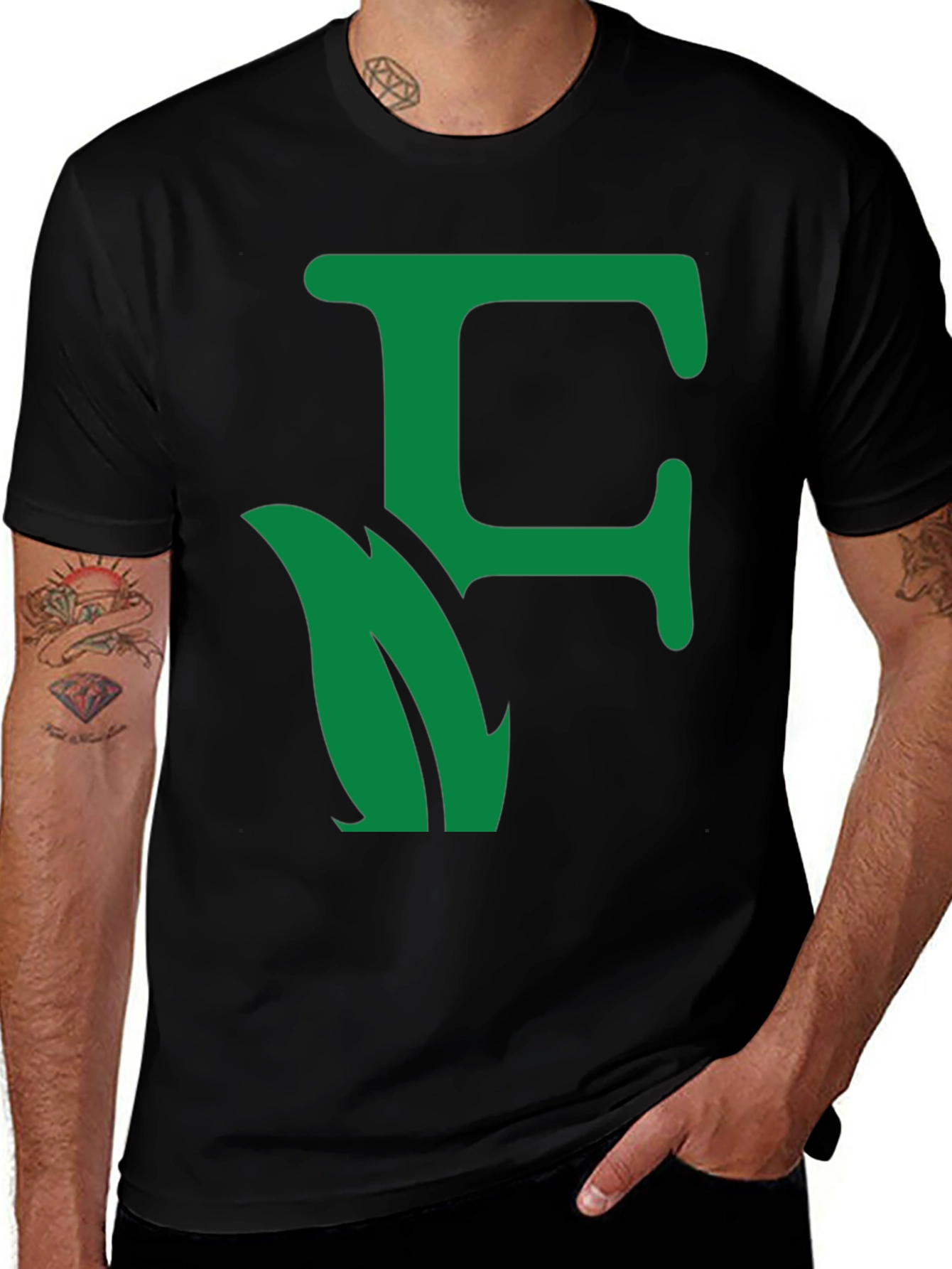 Green Leaf Initial F Black T-Shirt