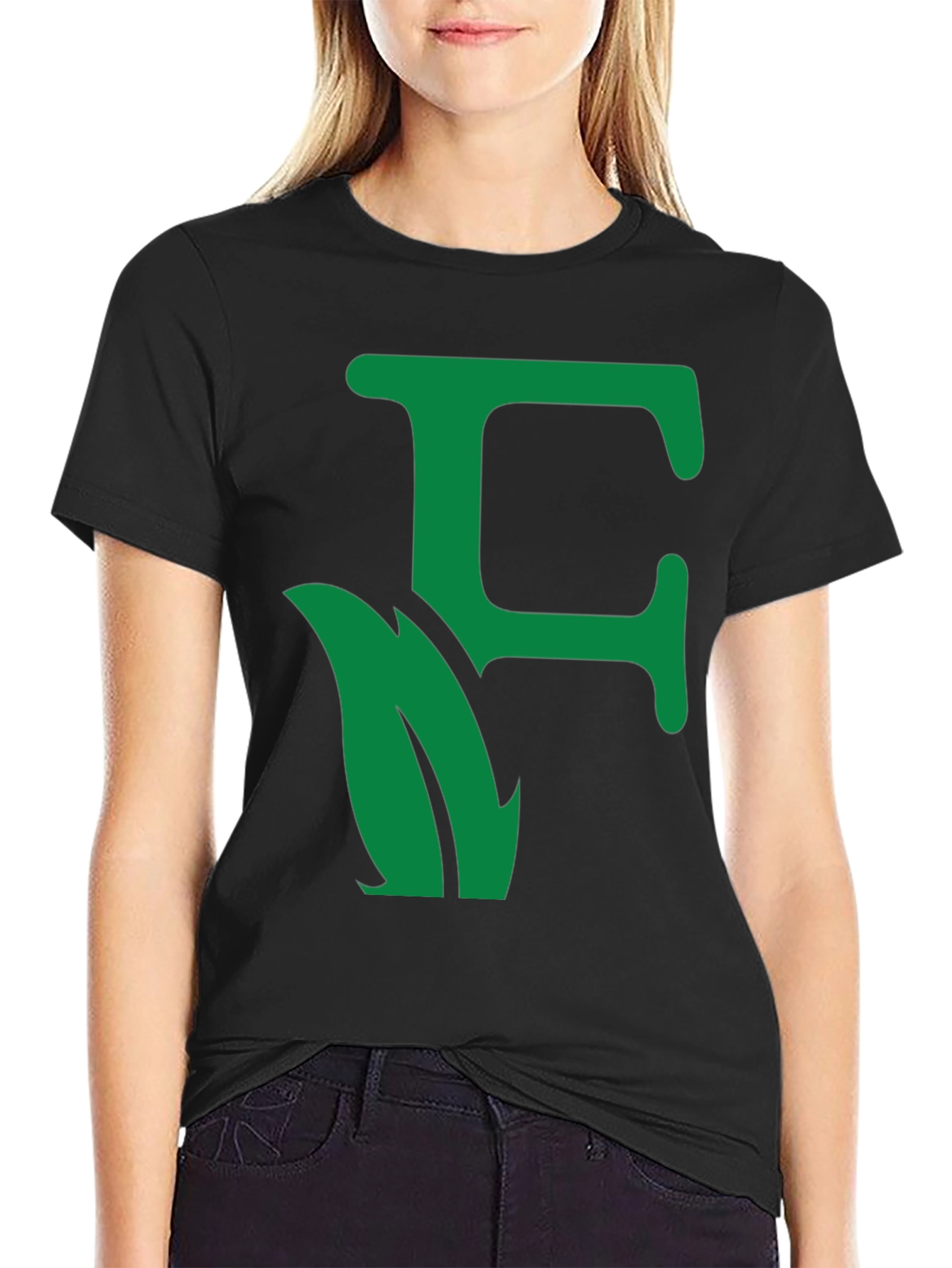 Green Leaf Initial F Black T-Shirt