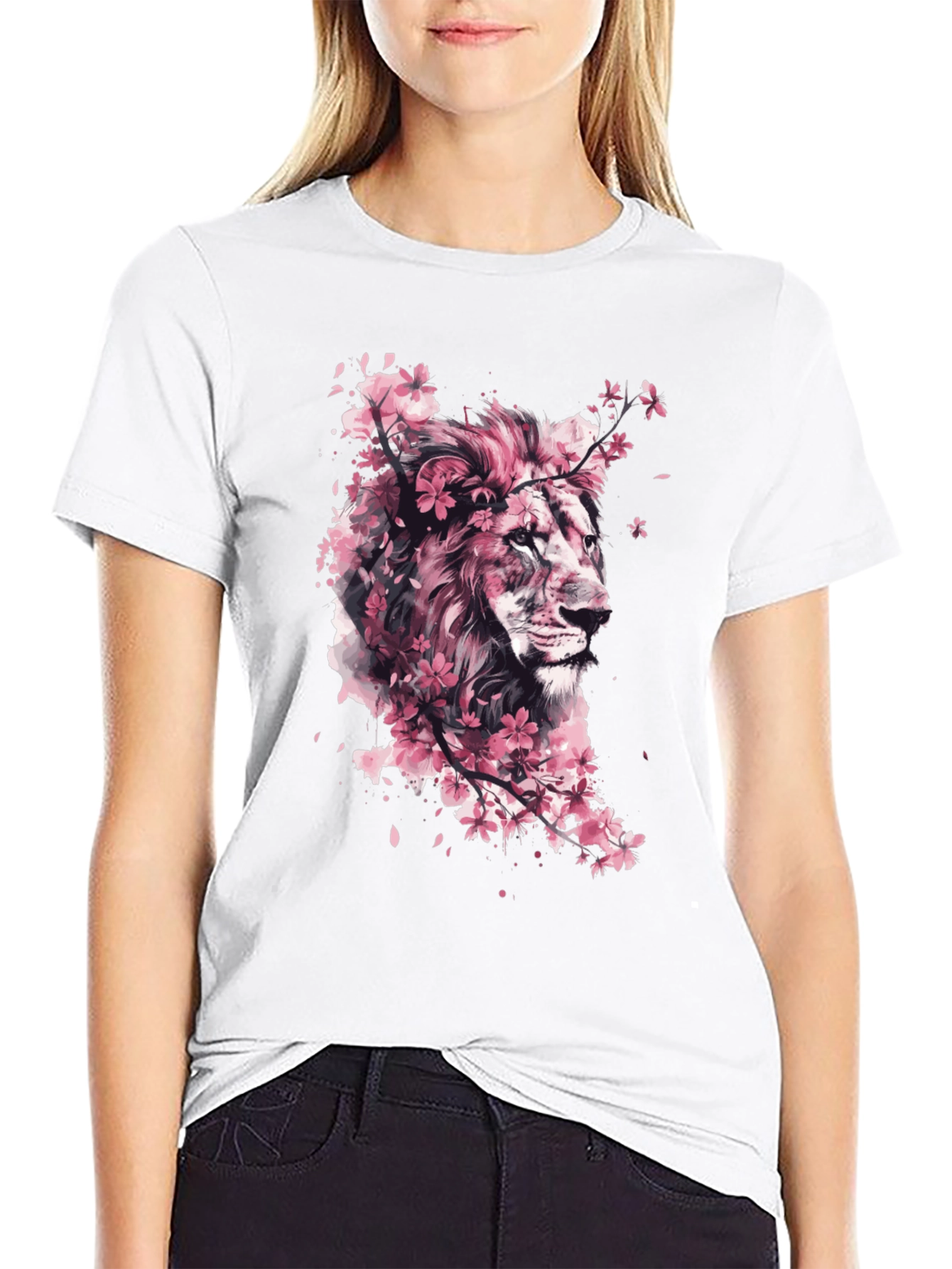Lion Cherry Blossom Black T-Shirt