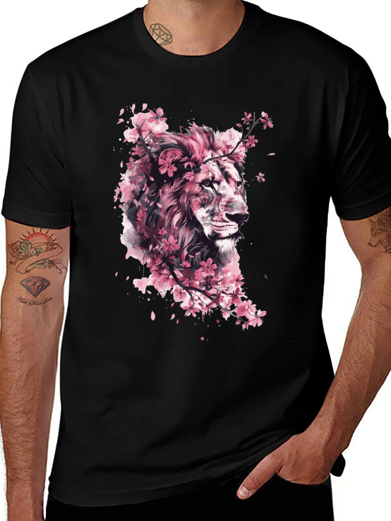 Lion Cherry Blossom Black T-Shirt