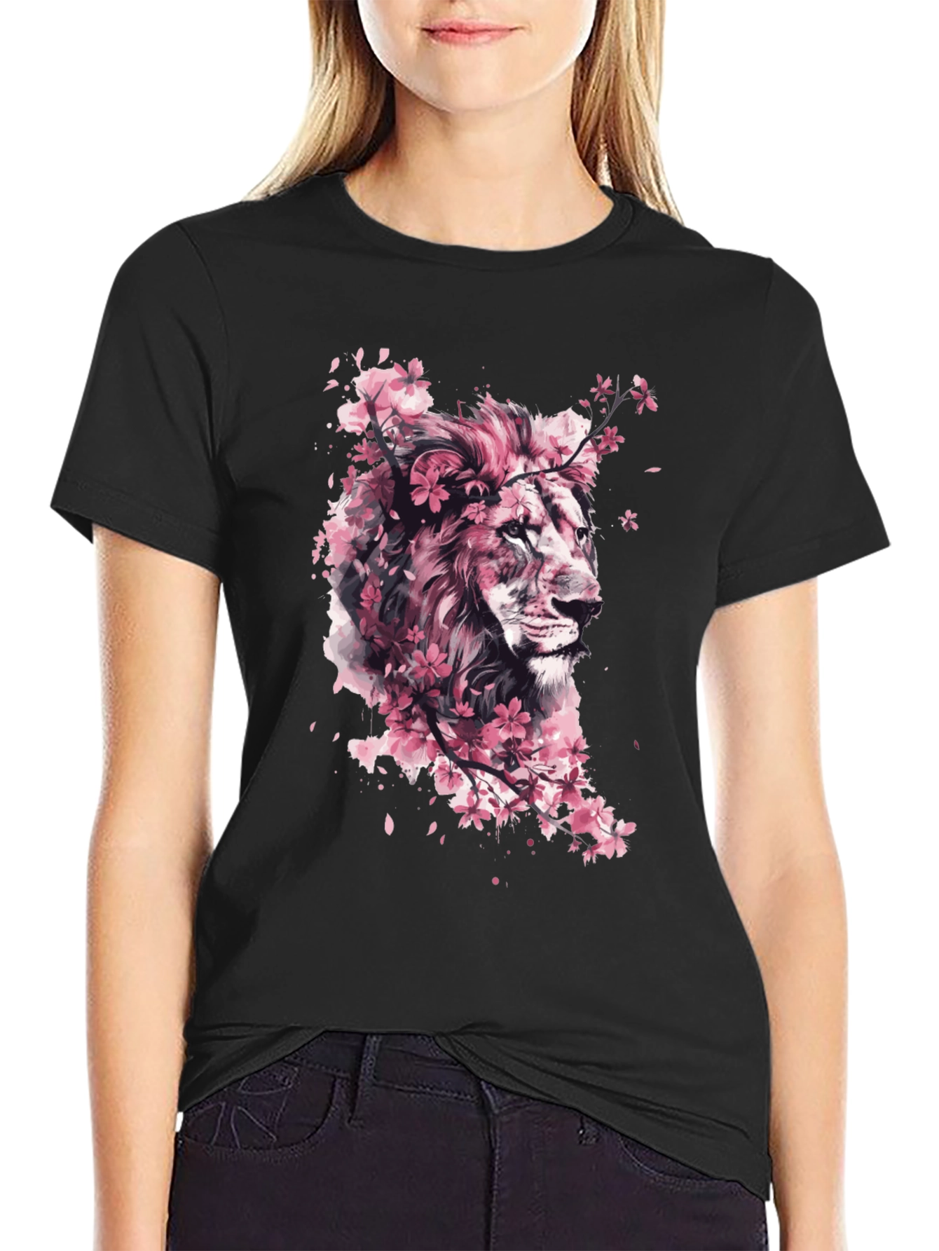 Lion Cherry Blossom Black T-Shirt