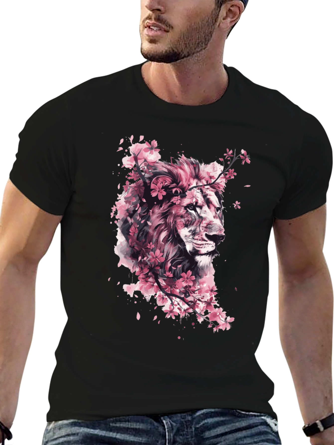 Lion Cherry Blossom Black T-Shirt