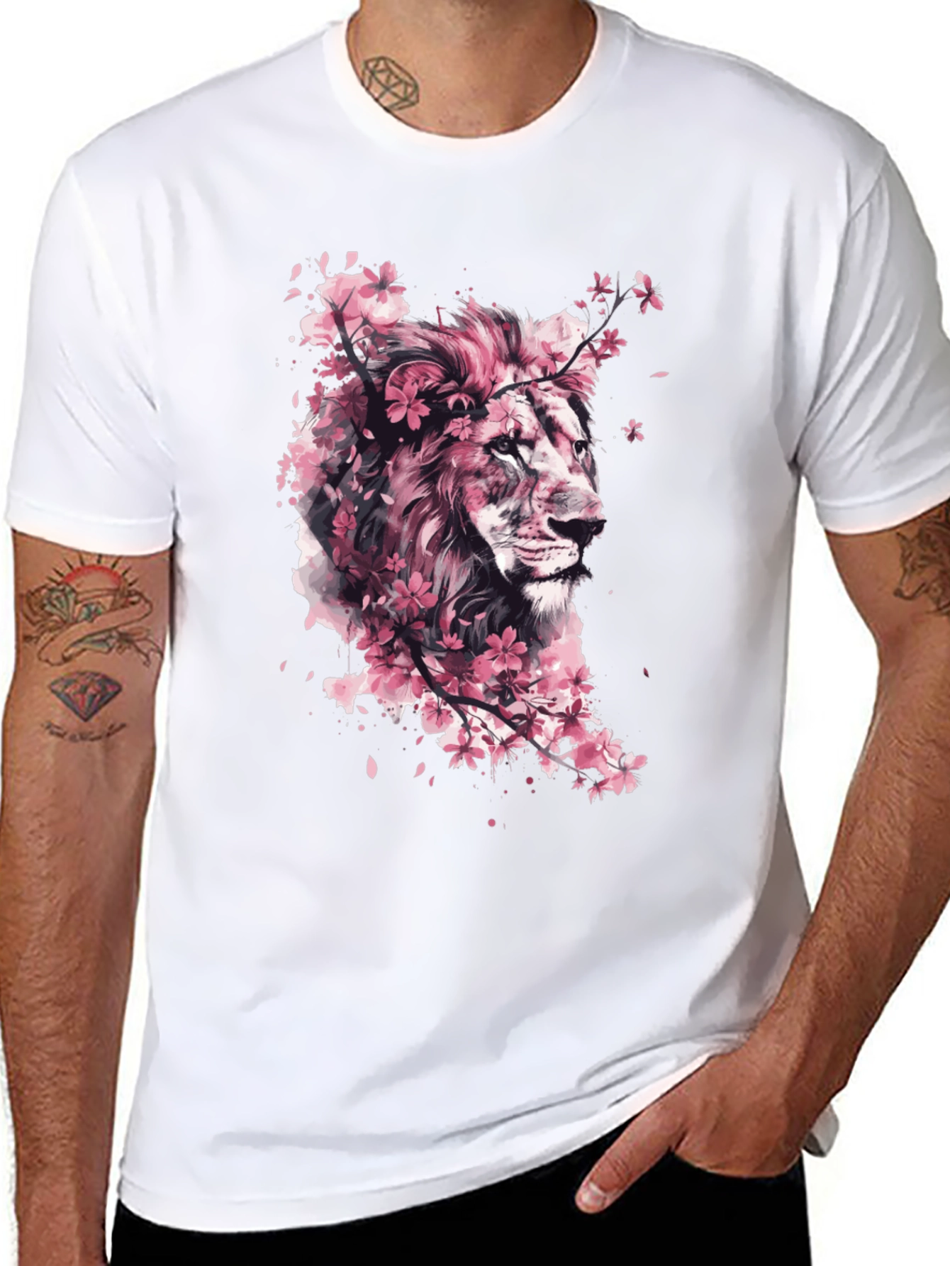 Lion Cherry Blossom Black T-Shirt