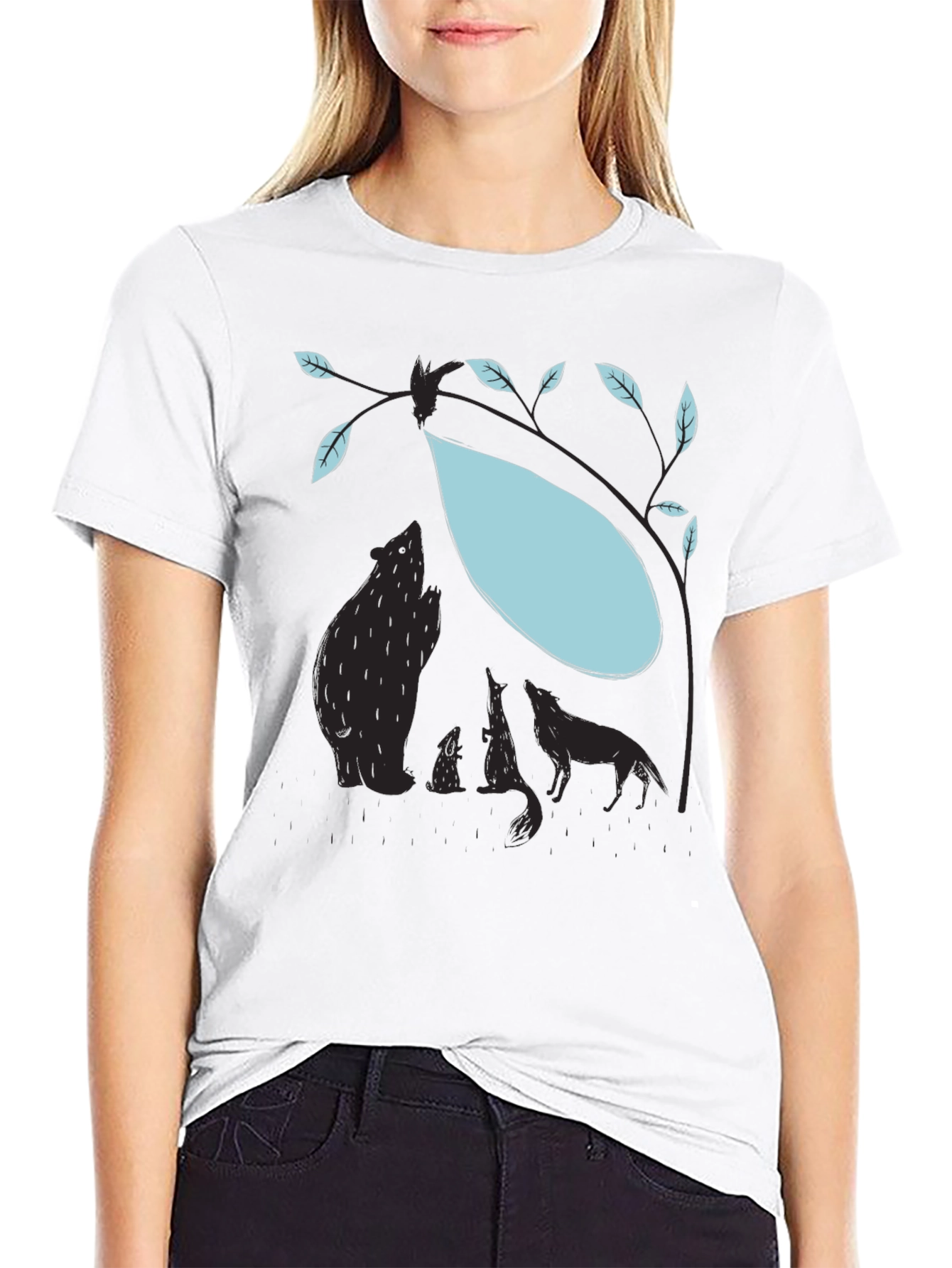 Nature Silhouette Graphic Tee - Bear Wolf Tree Design
