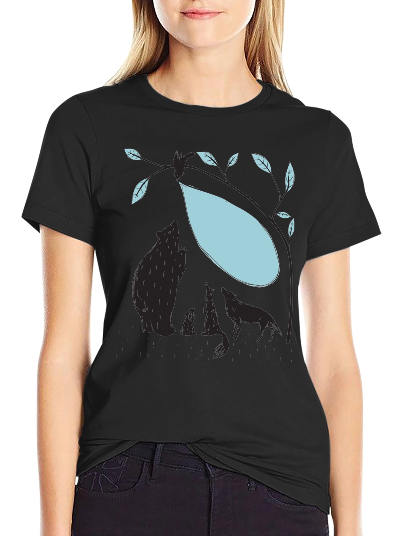 Nature Silhouette Graphic Tee - Bear Wolf Tree Design