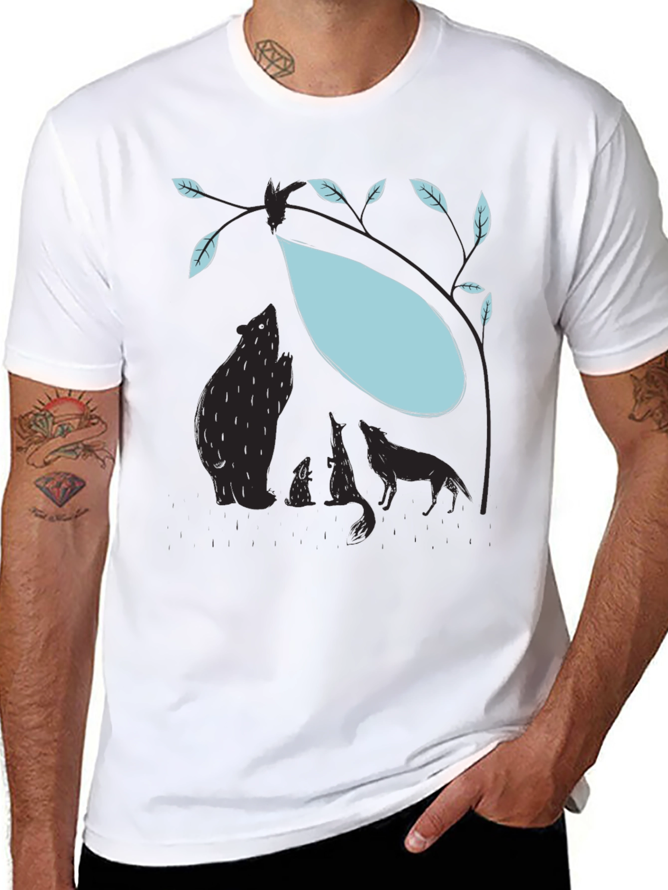 Nature Silhouette Graphic Tee - Bear Wolf Tree Design